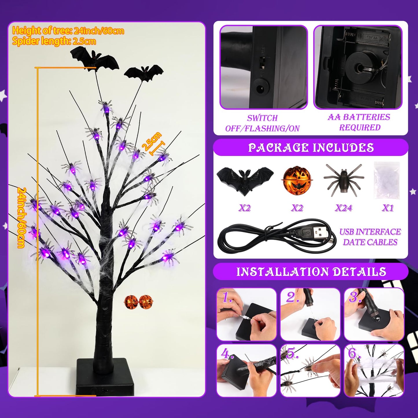 Halloween Decorations Indoor Spider Lights Tree, 2Ft Black Spooky Tree with Spider,Web,Bat and Pumpkin Bell Halloween Tree Decorations,Battery and USB Halloween Black Tree for Home Mantel Easter Decor