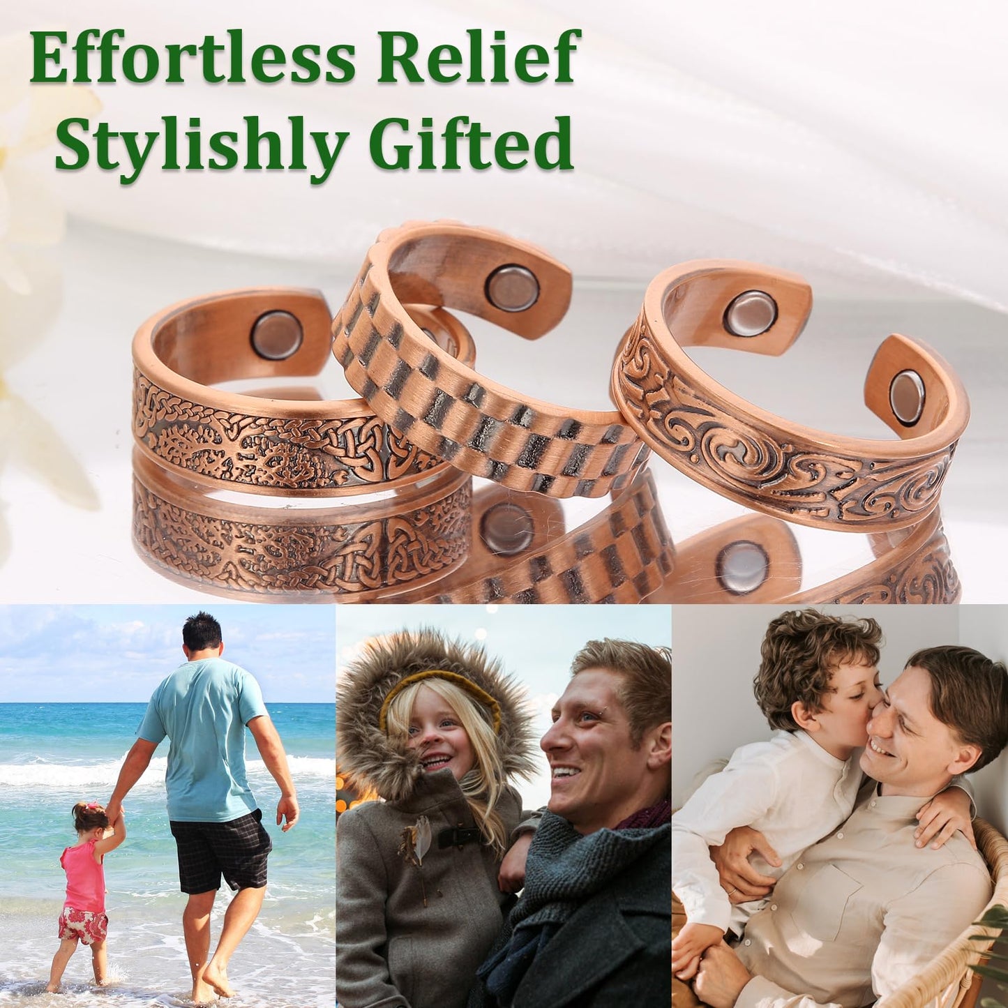 Fashtour 3 Copper for Men, 99.99% Solid Pure Copper, 3pcs 3500 Gauss #9 Tree of Life Vintage Pattern Adjustable Cuff
