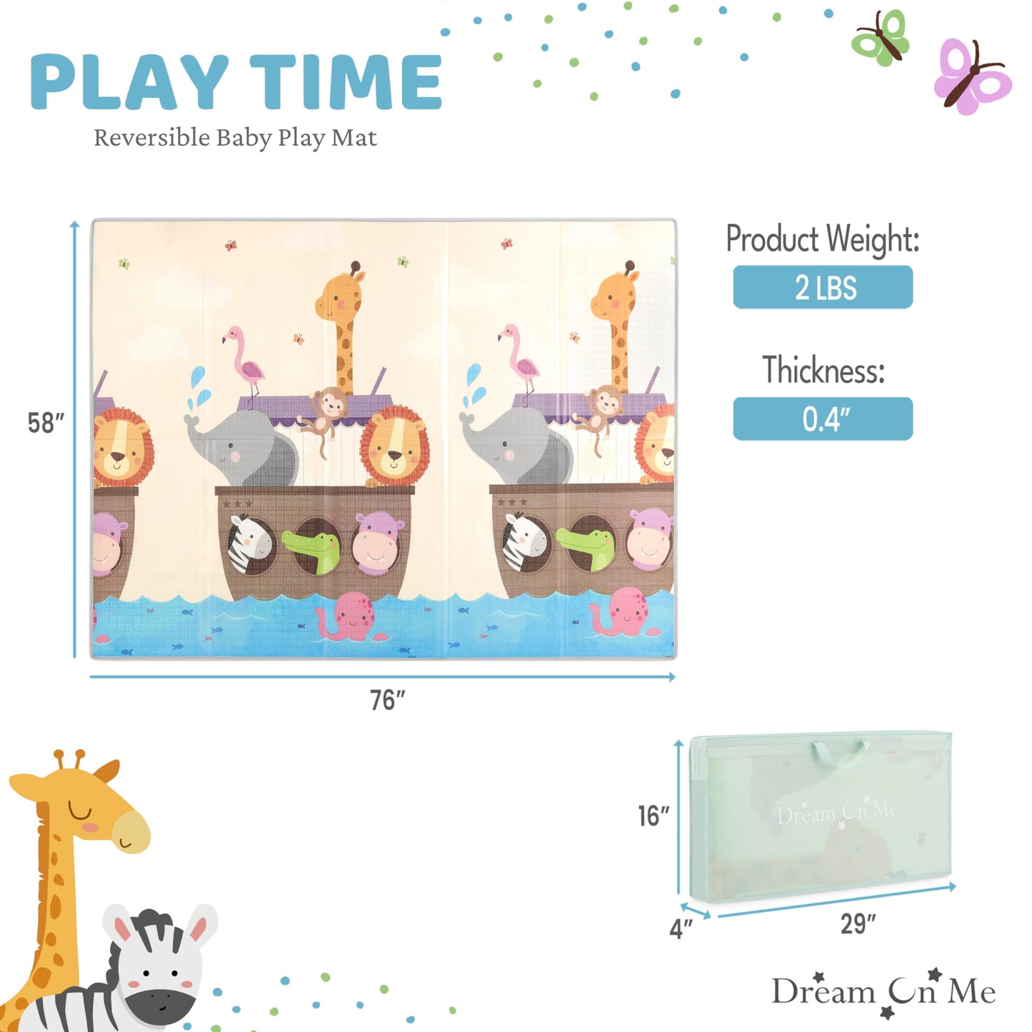Dream On Me Play Time Reversible Baby Play Mat Foldable Extra Large Thick Foam Crawling Playmats for Toddlers Waterproof Portable Playmat, Happy Feet