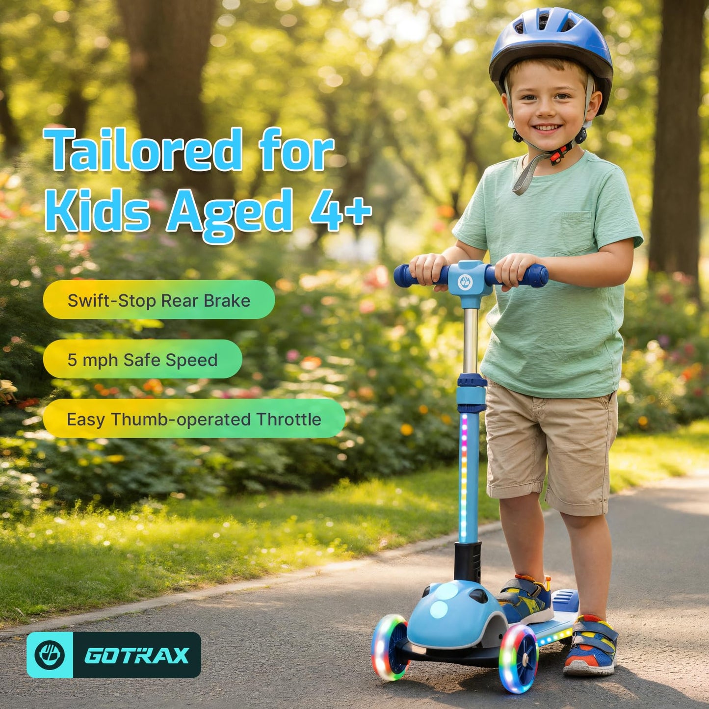Gotrax SK1 Foldable Electric Scooter for Kids 4+, Full Body LED Light, 90min Riding& 5Mph Speed, Push-Button Throttle&Battery Indicator, 6'' Wheel & 3 Adjustable Height, 3 Wheel Escooter,Gift,Blue