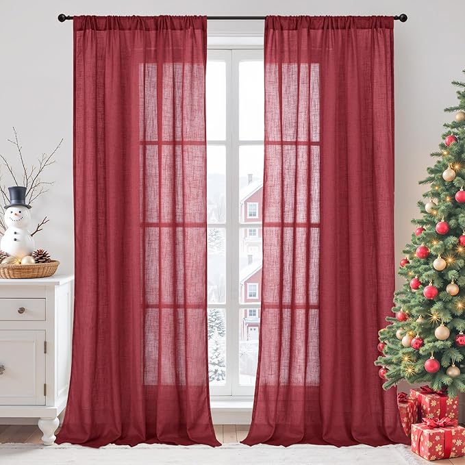 BGment Semi Sheer Burgundy Curtains for Living Room 80 Inch Length - Linen Textured Light Filtering Window Drapes with Rod Pocket for Dining Bedroom Lightweight, 2 Panels Set, 52 X 80 Inch