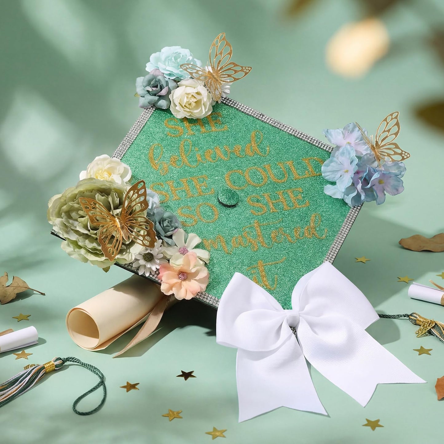 Gersoniel 42 Pcs DIY Graduation Cap Decorations Kit Include Faux Flower Heads Graduation Quote Glitter Sticker Bow 3D Butterfly Rhinestone Pearl Stickers for Grad Cap Topper Decor(Green)