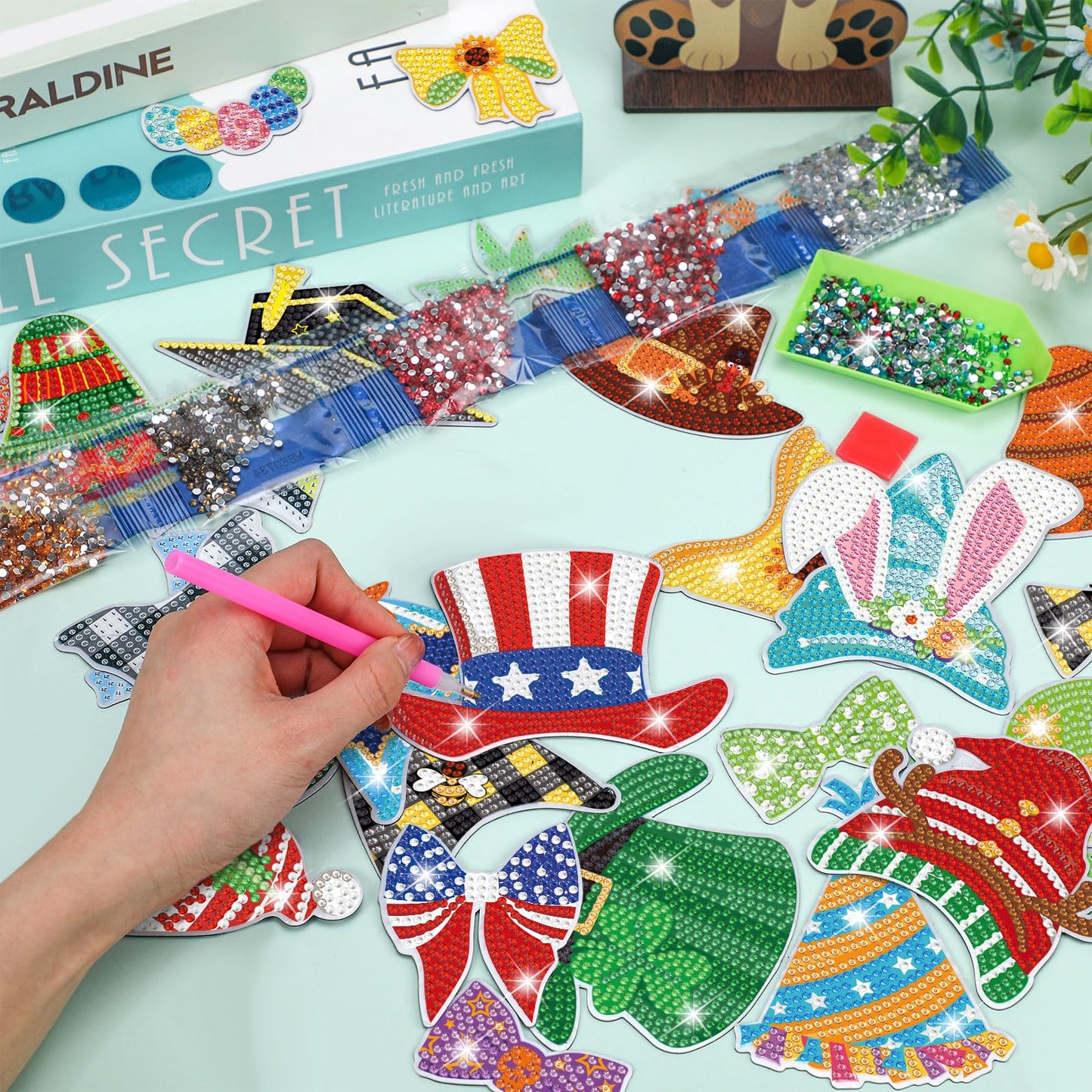 DoubleFill 42 Pcs Summer Diamond Kits 4th of July Interchangeable Wooden Table Decorations DIY Summer Holiday Party Seasonal Tiered Tray Art Decor Diamond Painting Magnets(Dog)