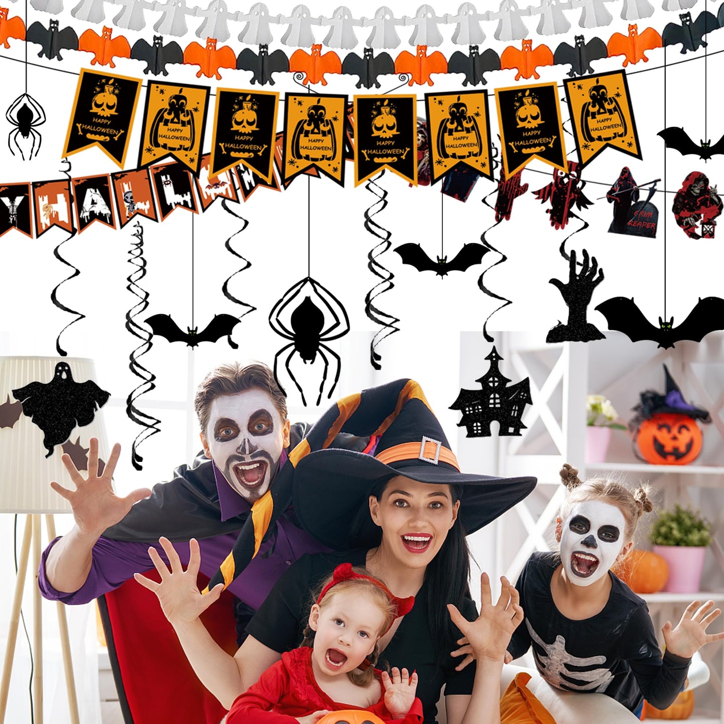 Halloween Decor Indoor - Hanging Swirl Ceiling & Wall Party Decor with Bats, Spiders, Pumpkins, Skulls, Ghosts Banner Halloween Decorations Indoor Outdoor Supplies