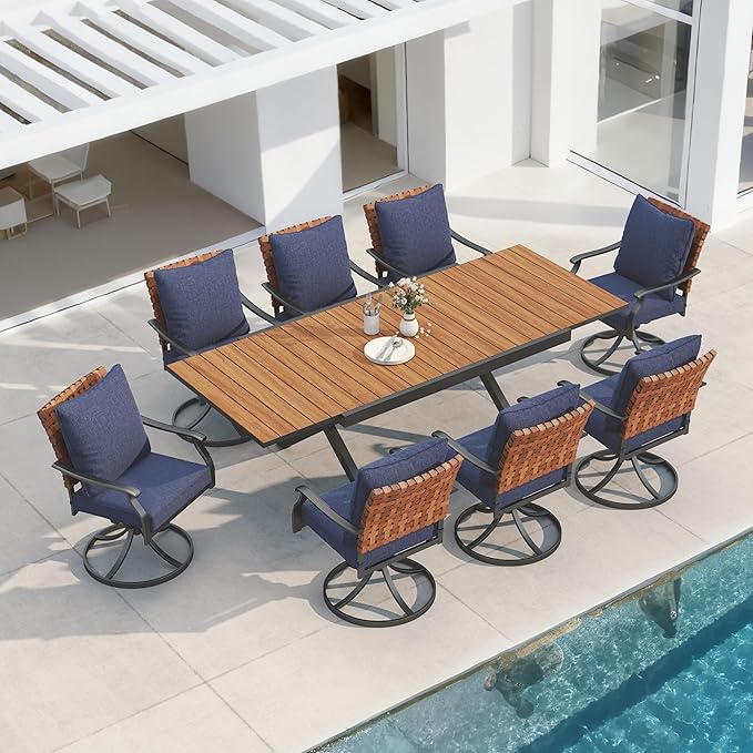 Grand patio 9-Piece Outdoor Dining Set, 8 Leather-Look Wicker Blue Swivel Patio Chairs & 1 Extendable Rectangular Dining Table, Brown