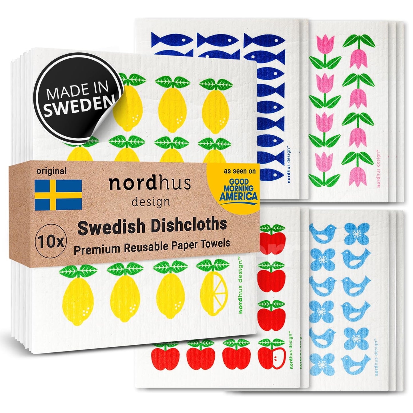 Nordhus Design Swedish Dishcloths (10 Pack) – Reusable Swedish Dish Cloths for Kitchen, Eco Friendly Cellulose Sponge Cloth, Ultra Absorbent, Odor Free, Replaces Paper Towels, Washable & Compostable