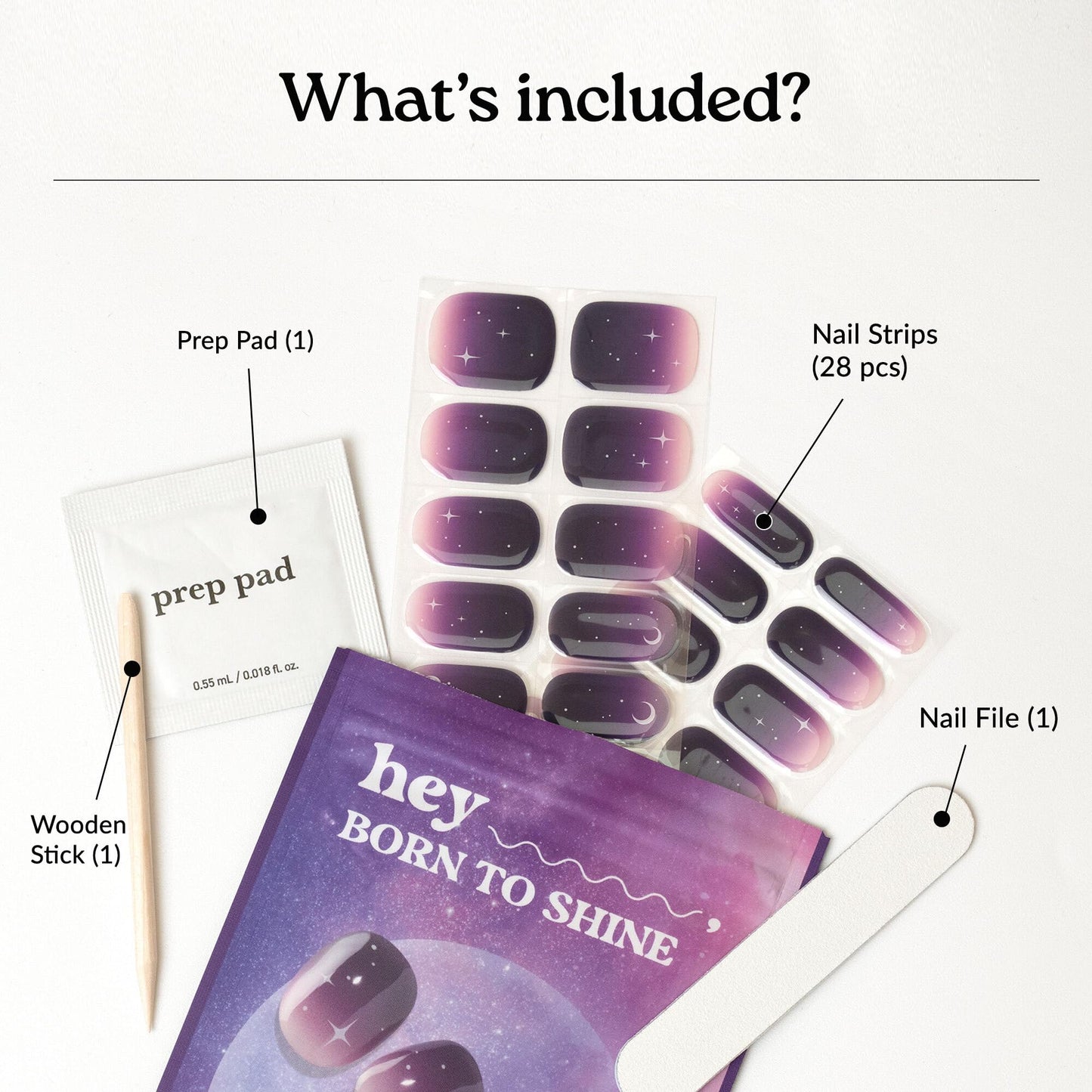 Heyhae Semi Cured Gel Nail Strips | No LED Lamp Needed |Purple, Ombre | Easy Apply & Remove, Salon Quality | Includes 28 Strips, 2 Prep Pads, Nail File & Wooden stick - Hey, Born to Shine