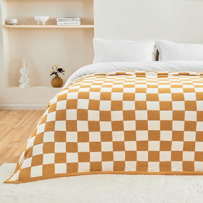 CozeCube Checkered Blanket, Ultra Soft Cozy Orange and White Throw Blanket, Warm Cozy Knit Fuzzy Plush Checkerboard Throw for Couch Bed Sofa, 50"x60"