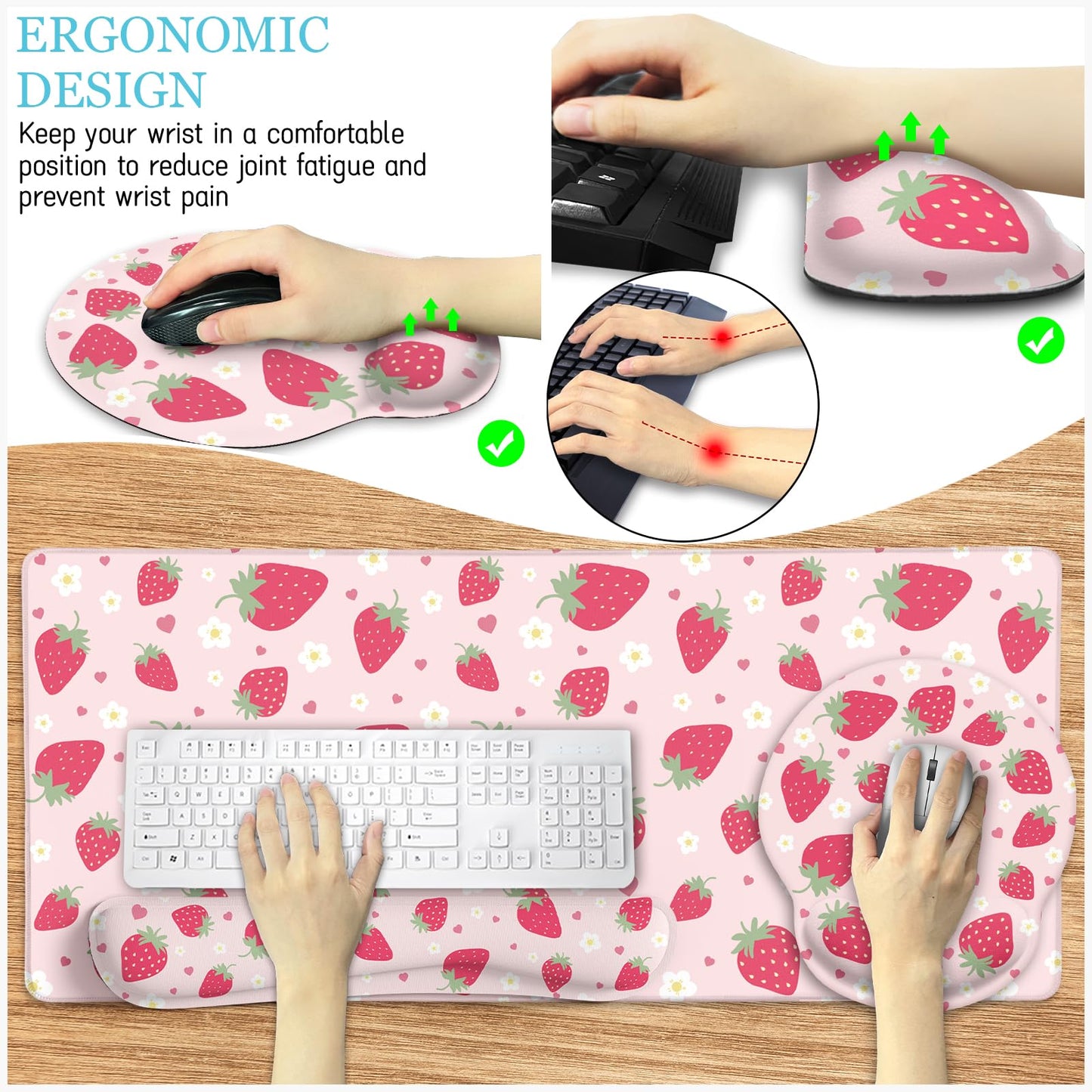 LIMKRIAN Strawberry Mouse Pad Desk Mat Set, Pink Ergonomic Mouse Pad with Wrist Rest, Large Gaming Mousepad Wrist Support Keyboard Mat Cup Coaster Set, Cute Office Desk Decor Accessories Supplies
