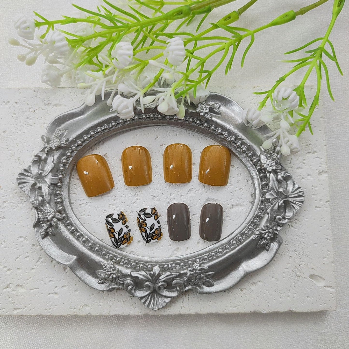 Fall Press on Nails Short Square Fake Nails with Flower Leaves Designs Yellow Nails Press ons Grey False Nails for Women 24Pcs