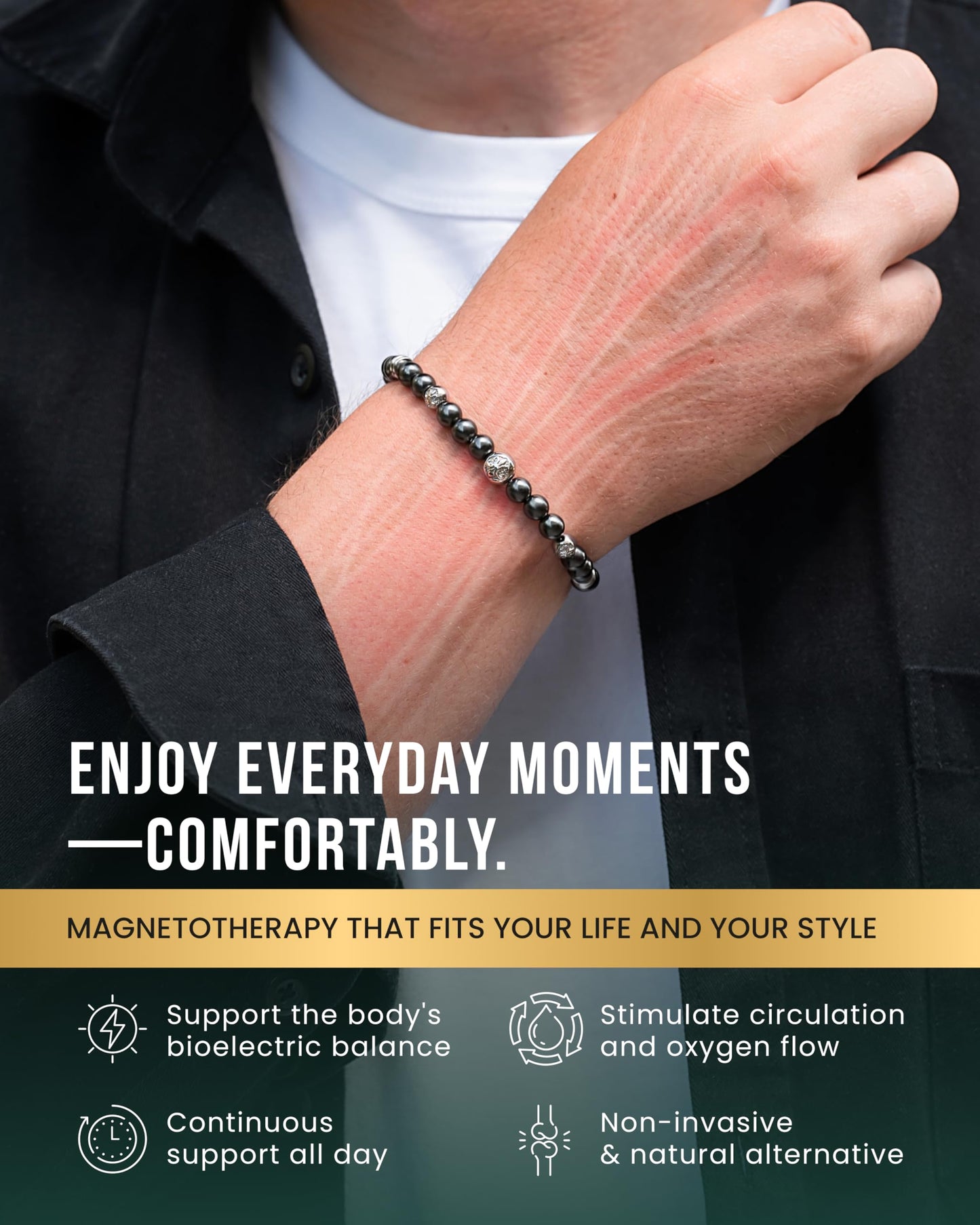 MagnetRX® Hematite Magnetic Bracelet – Max Strength Magnet Stones with Stainless Steel Charms – Elegant Hematite Beaded Bracelets for Men (Armory | Small)