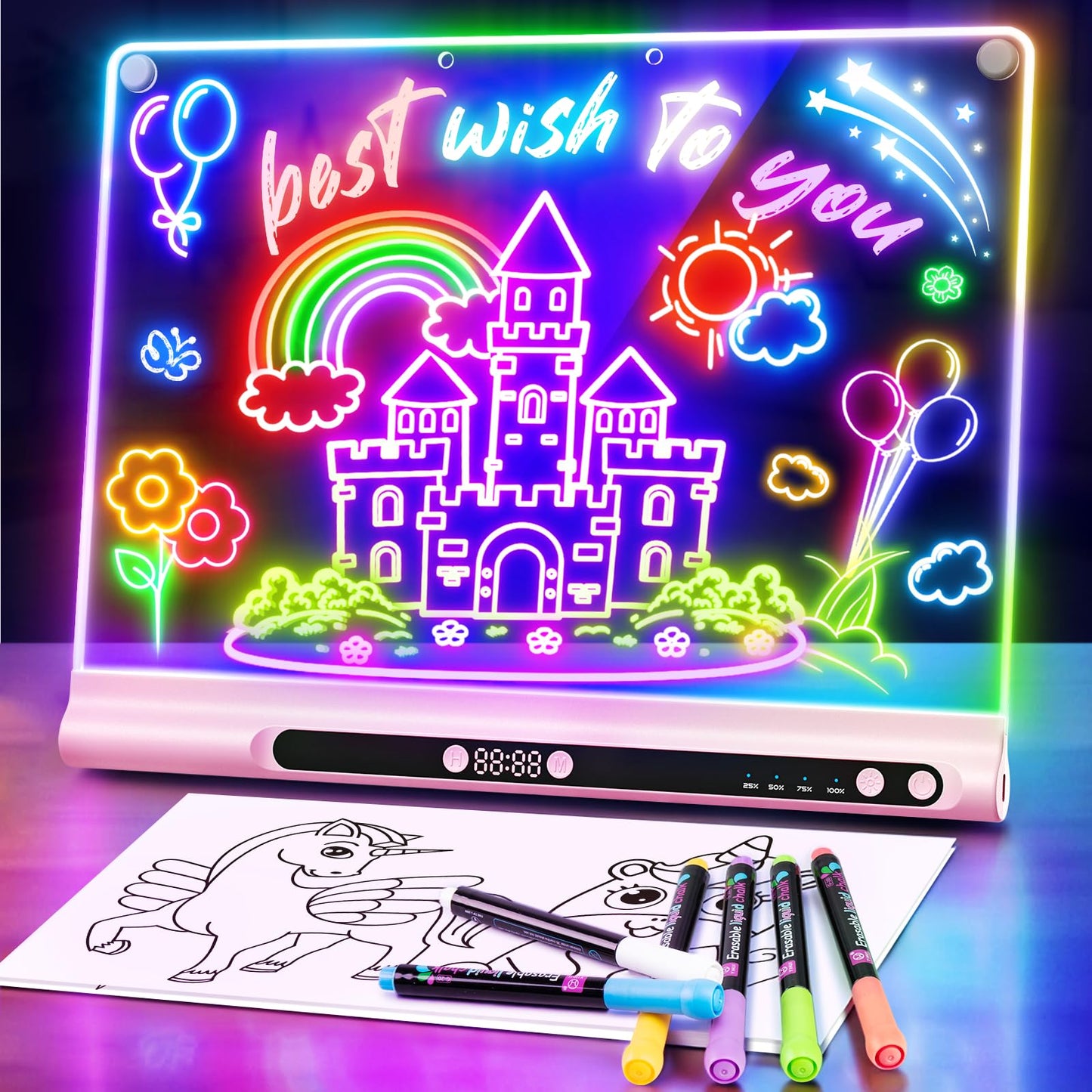 16“ Rechargeable LED Drawing Board, 9-Color Light Modes with Timer & Built-in Stand, Neon Art Dry Erase Glow Up Doodle Note Pad, Sketching Gift Toy for Kids/Girls/Teens, 6 Markers & Tracing Book