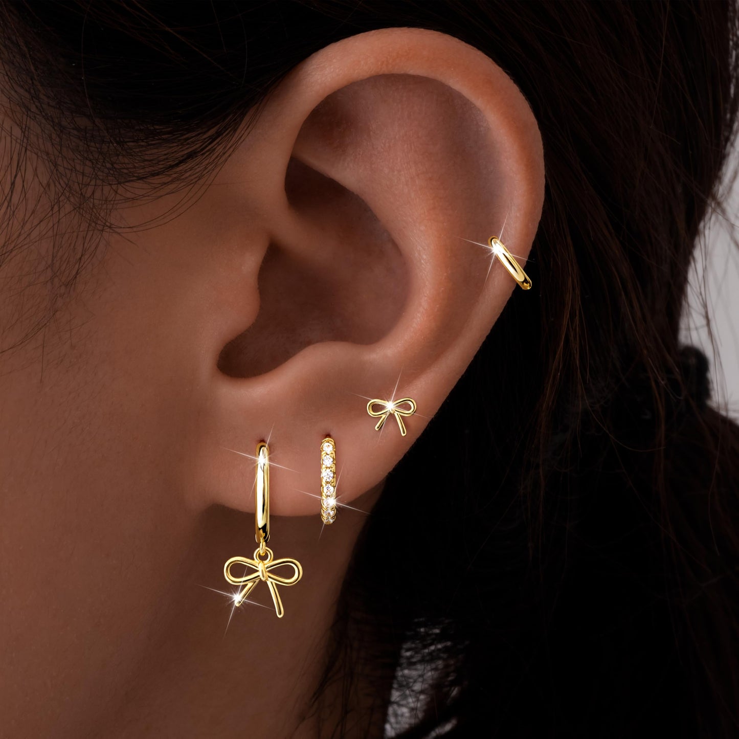 Gold Bow Earrings for Women,Huggie Small Stack Cartilage Stud Hoop Earring Sets for Multiple Double Piercing, Conch Helix Rook Tragus Daith Piercing Gold Clip On Jewelry Set Gifts