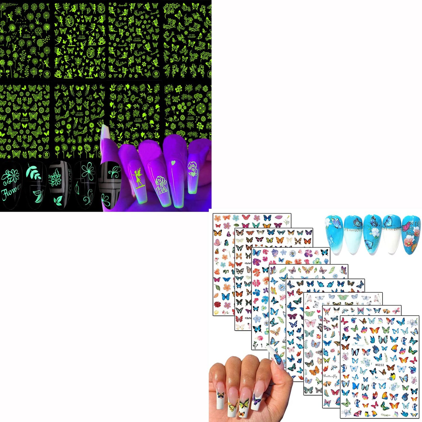 8 Sheets Luminous Nail Stickers and 8 Sheets Butterfly Nail Stickers