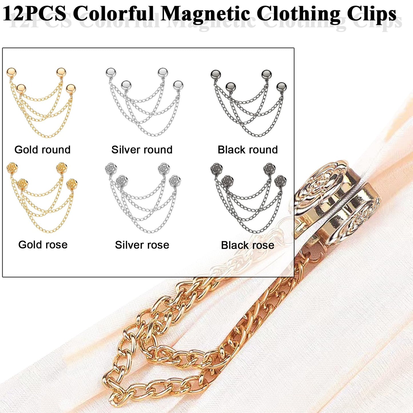 VYNFLICK Magnetic Clothing Clips: 12 Pcs Multi-Function Magnetic Shirt Clips with Chain for Women Clothes Sleeves Pants Hijabs Hats Scarfs