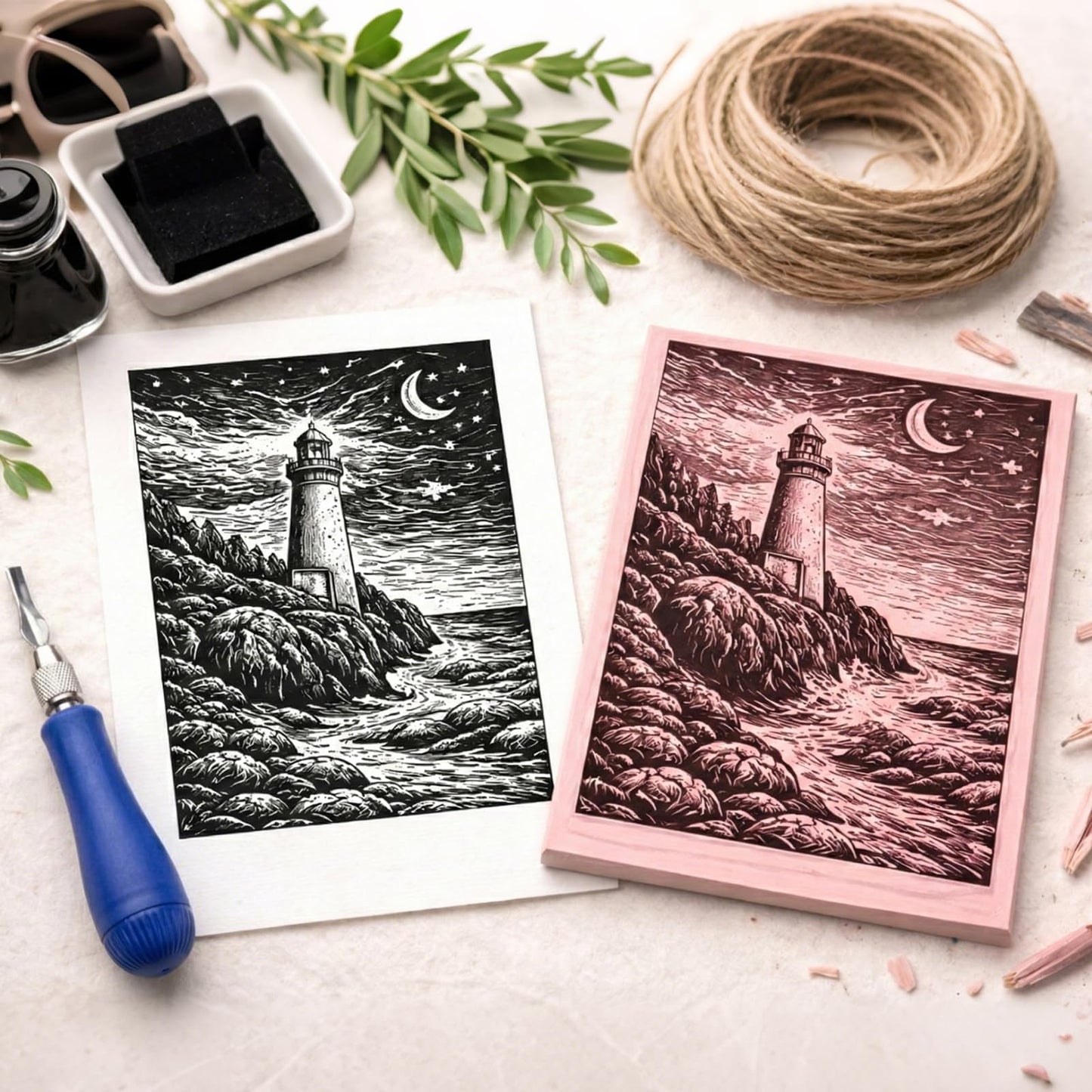 Falling in Art Linocut Kit for Printmaking, Rubber Stamp Carving Printing Kit with Linoleum Blocks and Brayer, Block Printing Supplies for Beginners and Artists