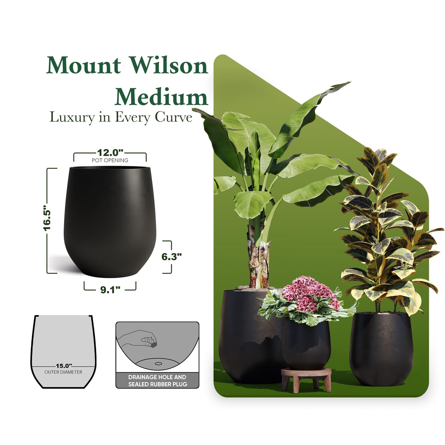 DTY Premium Mt Wilson Tall Tapered Fiberstone Planter for Indoor Outdoor Use, Modern Large Olive Tree Pot with Drainage Hole, Includes 2 Coco Mats. Black, Medium 15'' D x 16.7” H. 11.2” Pot Opening