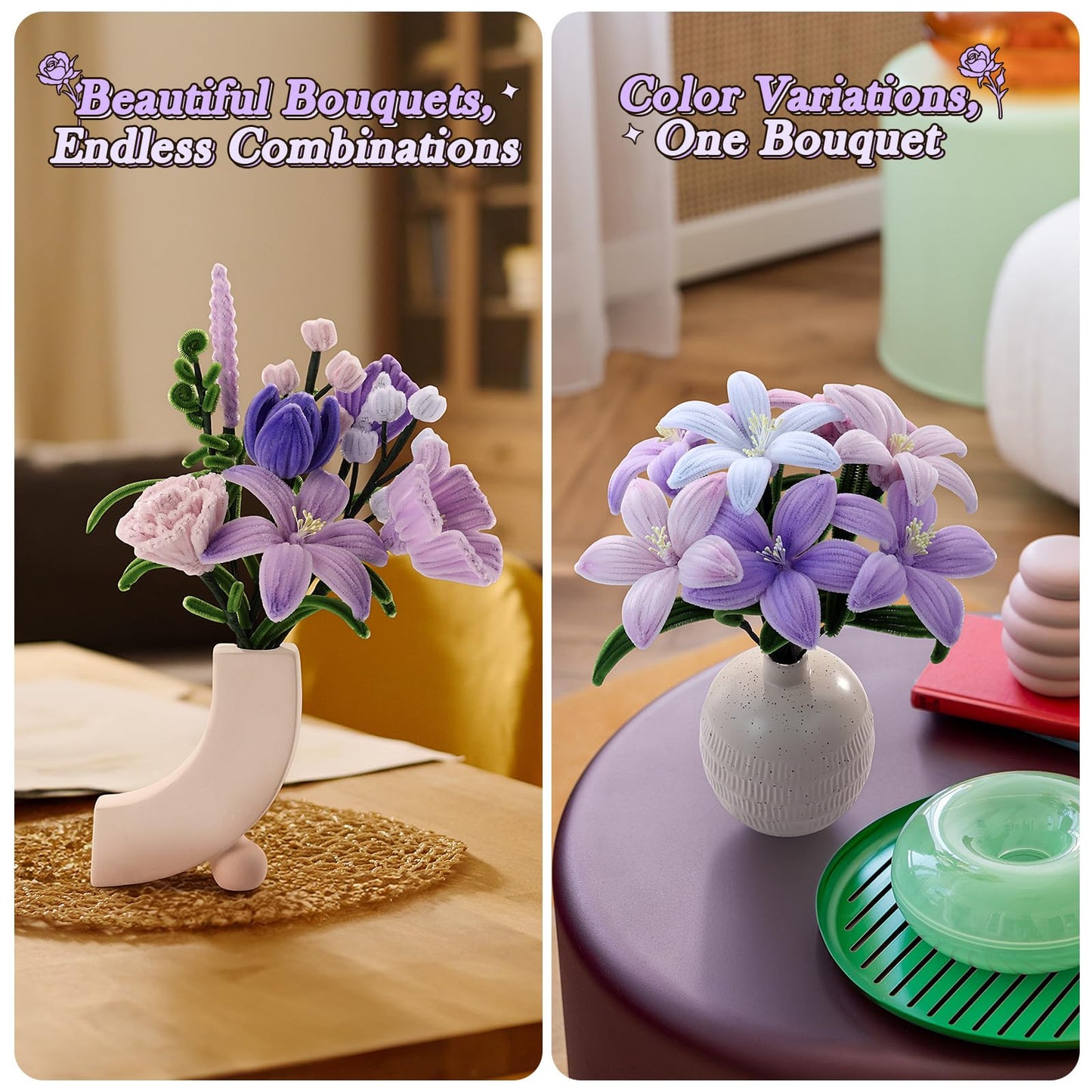 Funtopia Pipe Cleaner Flowers, 540 Pcs Pipe Cleaners Craft Bulk, Pipe Cleaner Flower Kit with Instruction, Chenille Stems for Flower Making, DIY Bouquets and Party Decorations (Purple, 12in x 7mm)