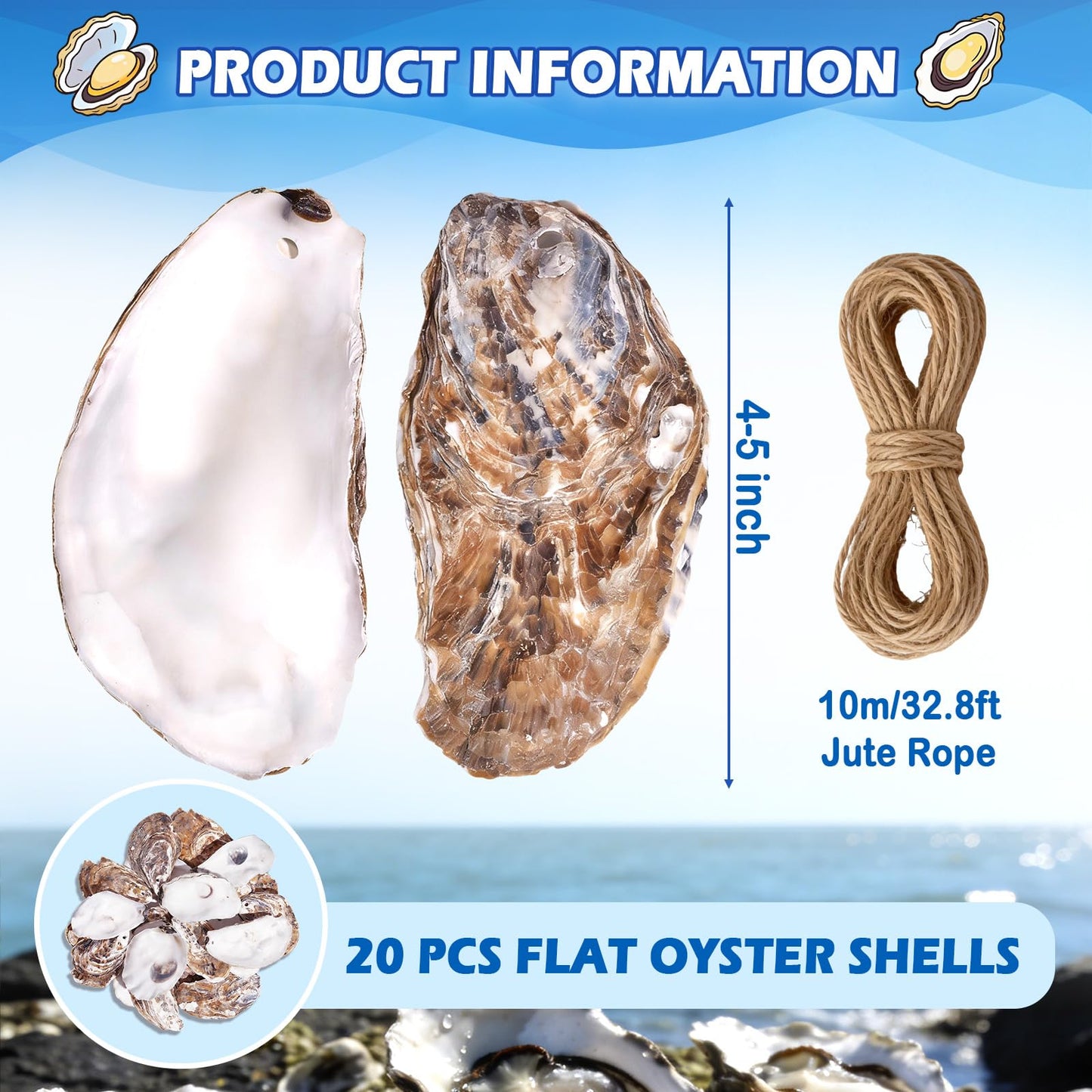 20Pcs Oyster Shells for Crafts,4"-5" Natural Large Flat Oyster Shells with Holes Drilled & Jute Rope for DIY Crafting, Sea Shells Ornaments Decoupage for Beach Home Decor Painting Chicken (20)