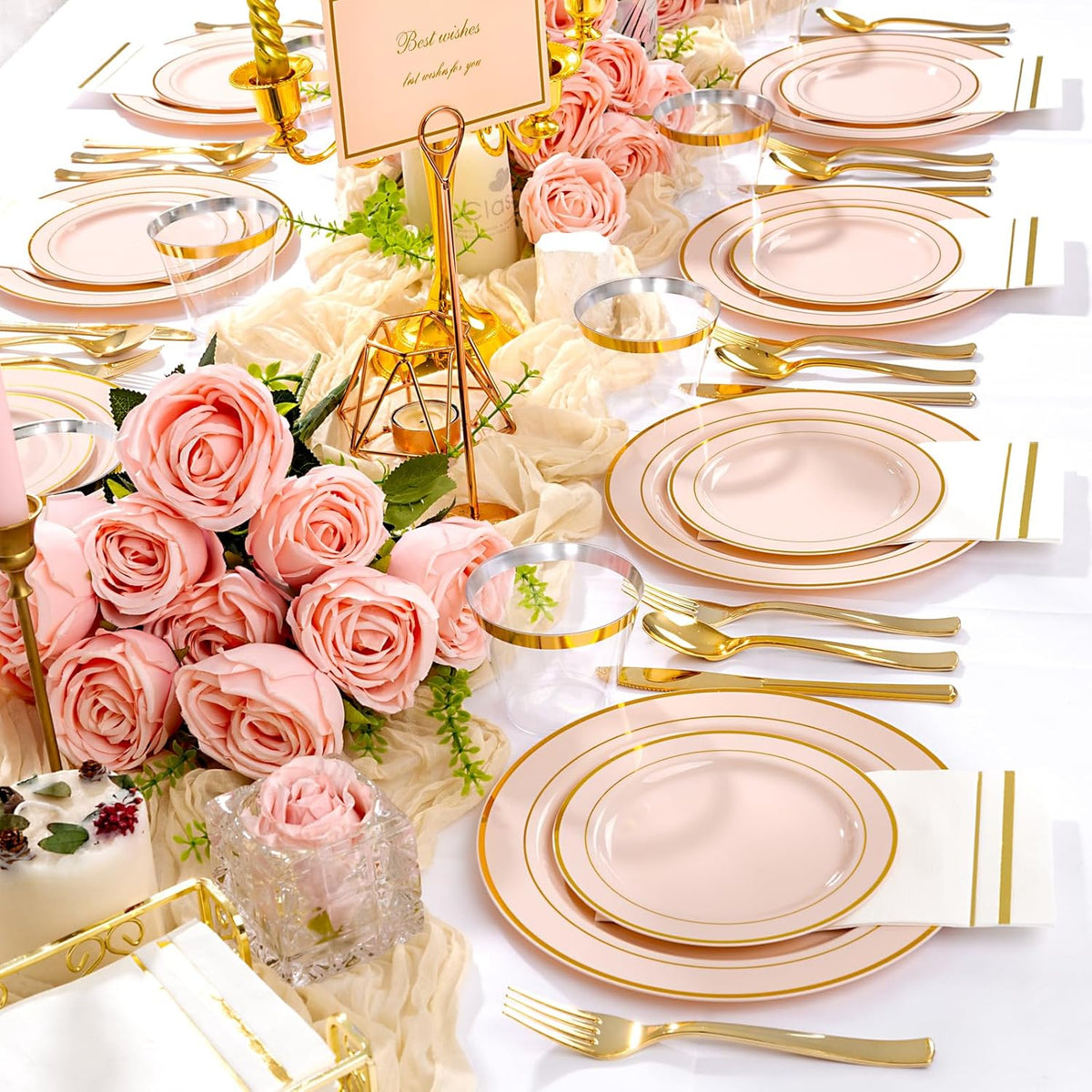 GATHER 700PCS Pink Plastic Plates - Gold Rim Disposable Plastic Dinnerware Set Include 200 Pink Plates, 300 Silverware, 100 Napkins, 100 Cups for Party & Wedding