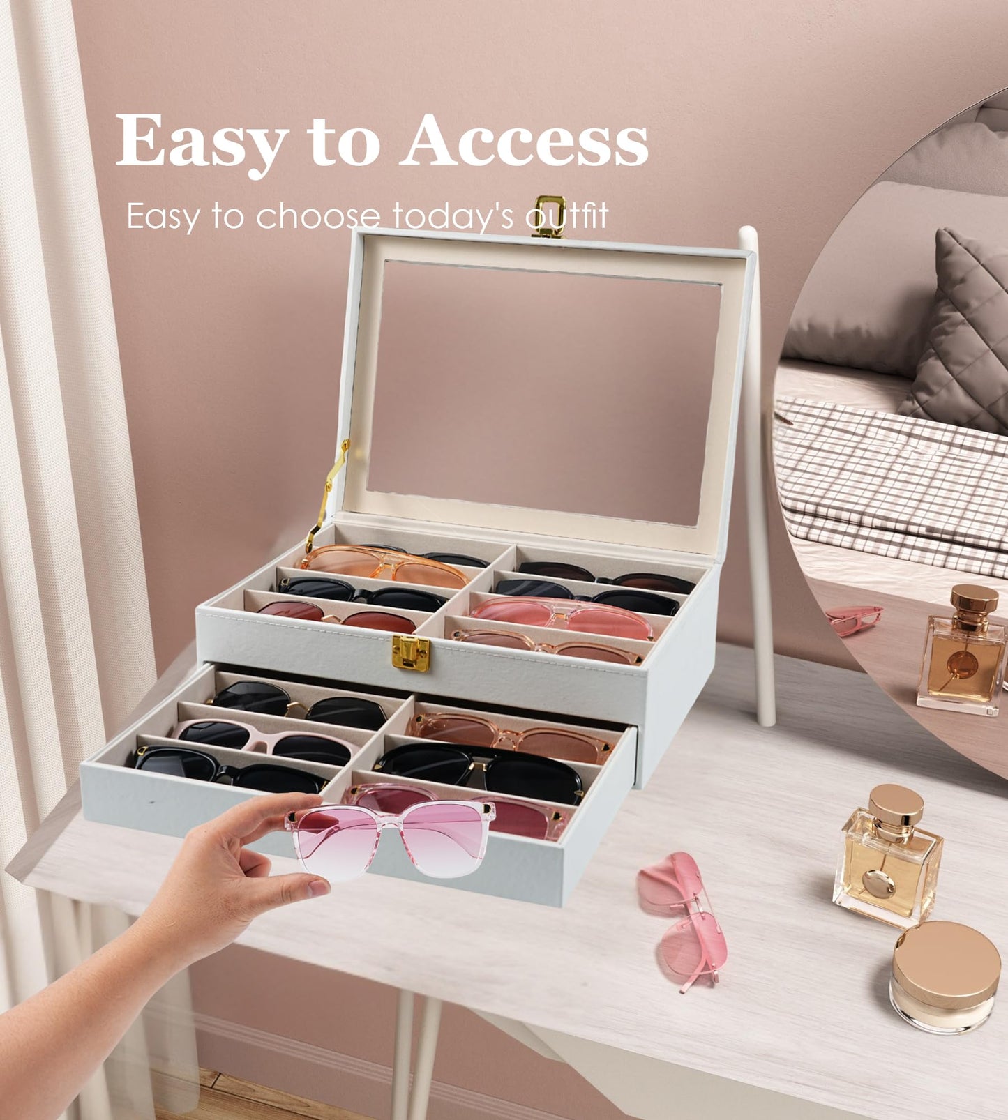 NEWLOOP Sunglasses Organizer Display Case - Sunglass Organizer for Women Men See-through Display Case Multiple Pairs Glasses Holder Stand 2-layer Eyeglass Collection Box with 16 Slots White
