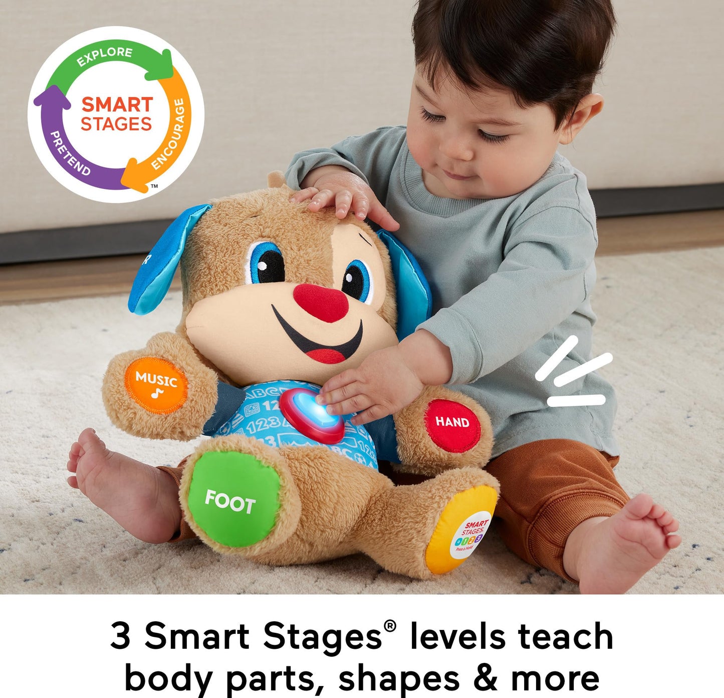 Fisher-Price Laugh & Learn Baby Learning Toy, Smart Stages Puppy, Plush with Lights Music and Educational Content for Ages 6M+