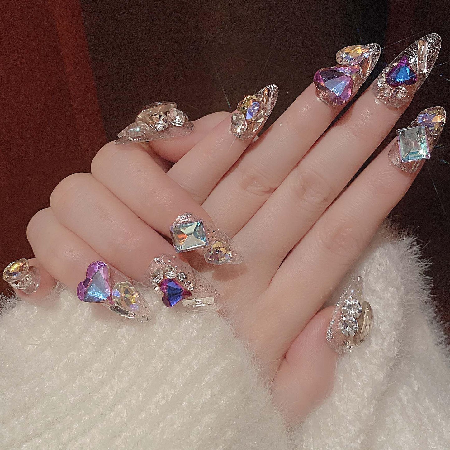 QQPPOLIU Almond Press on Nails Medium False Nails Stiletto Handmade Glue on Nails with 3D Big Jewel Rhinestones Designs Full Cover Nails Silver Glitter Press Ons Gift for Mother's day (Transparency)