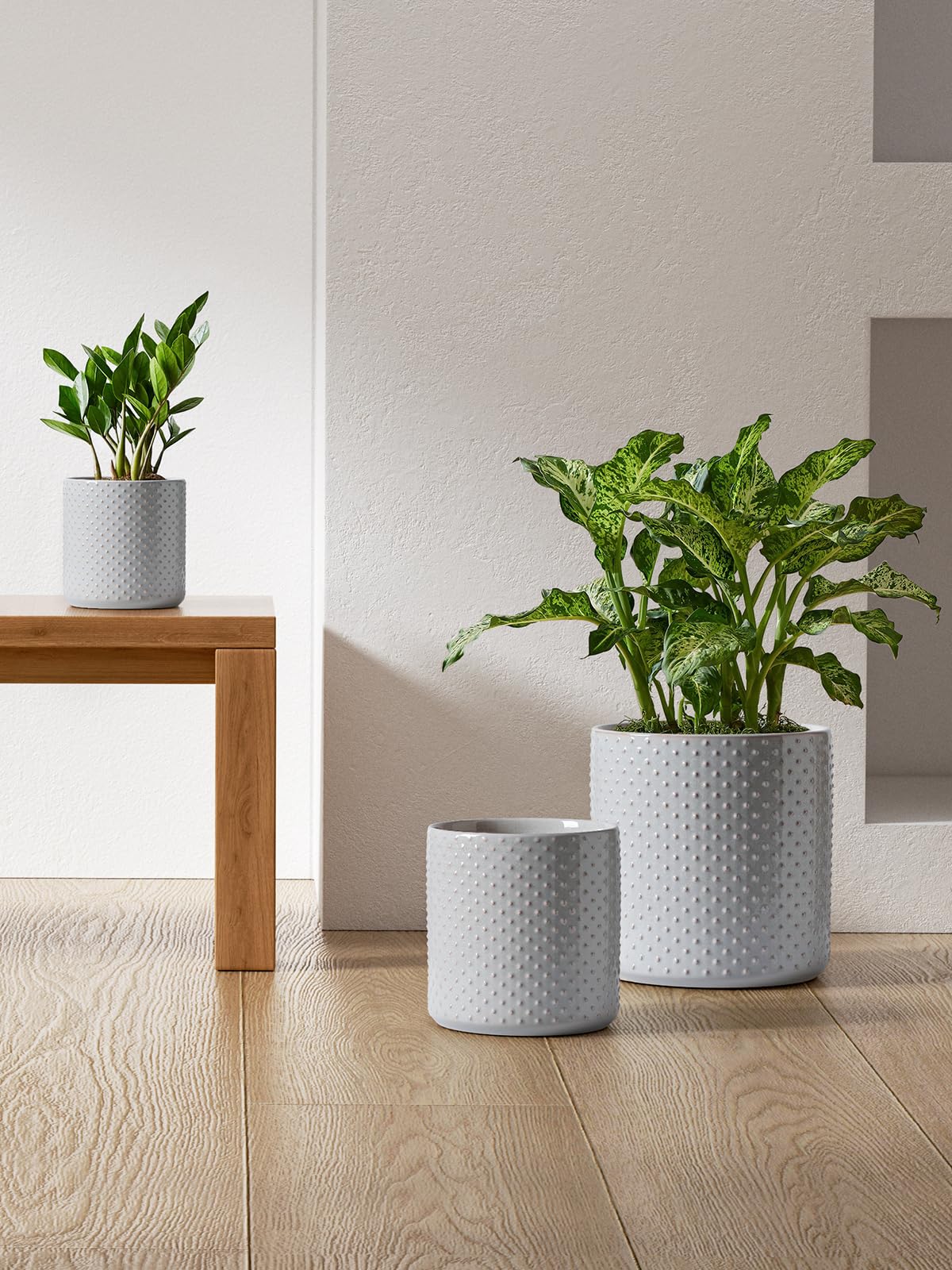 LE TAUCI Ceramic Pots for Plants, 10/8/6 Inch Indoor Planters with Draiange Hole, Silicone Plug & Mesh Pad, Modern Rasied-Dots Pots for Home Office, Set of 3, Glossy, Star Gray