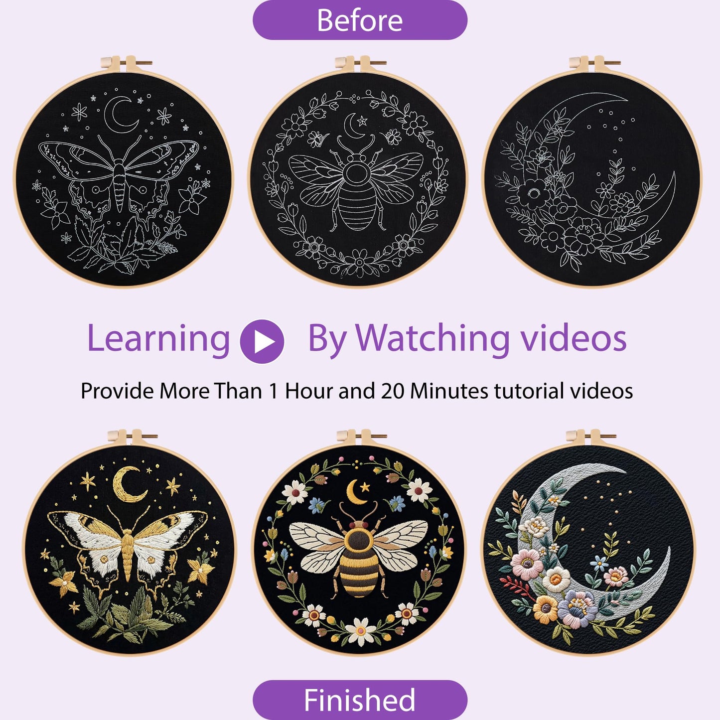 Uniartfy 3 Sets Butterfly Bee Moon Embroidery Kits for Beginners, DIY Cross Stitch Starter Craft Kit for Adults, Needlepoint Kits Including Cloth with Flower Plant Pattern, Hoop, Tools, Instructions