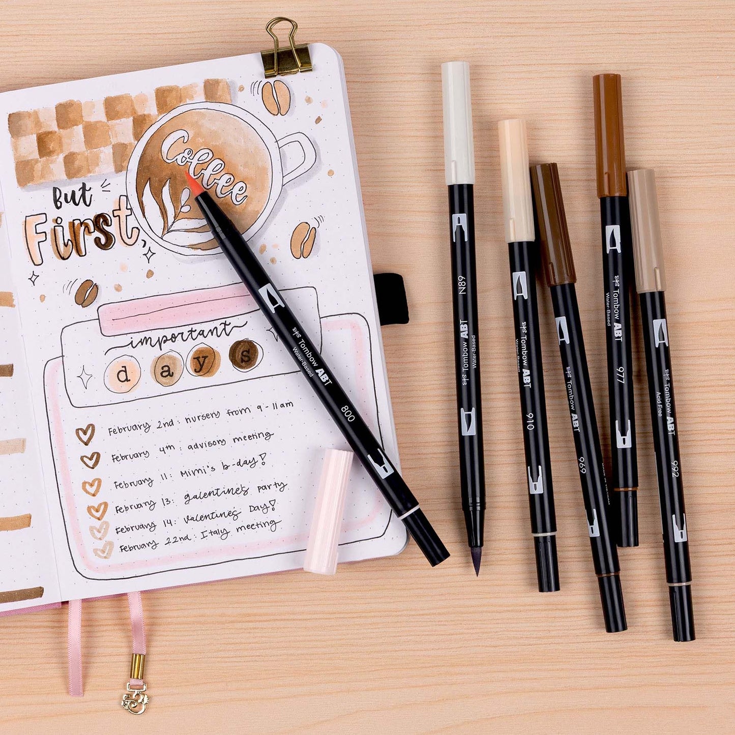 Tombow 56241 Dual Brush Pen Art Markers, Coffee Break, 6-Pack, Water-Based Ink, for Hand Lettering, Watercolor, Fine Art
