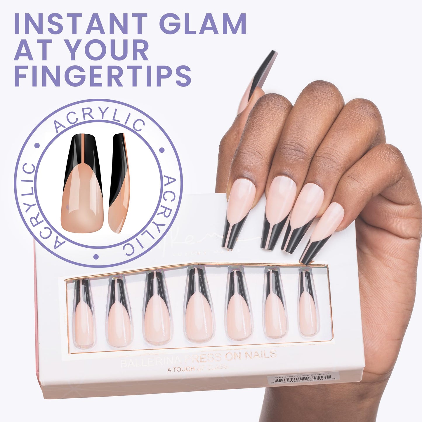 Allkem Revolve French Press on Nails | Glossy Extra Long coffin | 10 sizes - 20 pcs Ballerina Nail kit with Glue