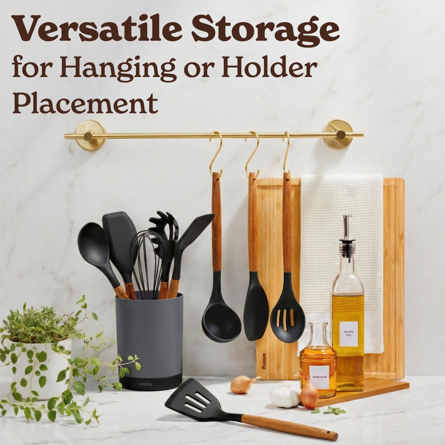 SMIRLY Kitchen Utensils Set – 22-Piece Silicone Cooking Utensils Set, Spatula Set with Holder, Wooden Handle Silicone Kitchen Gadgets for Nonstick Cookware