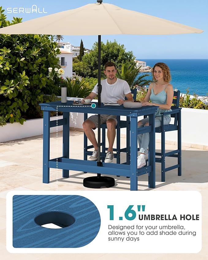 SERWALL Outdoor Bar Set - 2 Adirondack Bar Chairs & Bar Height Table with 1.6" Umbrella Hole, All-Weather HDPE Patio Furniture for Poolside, Backyard, Garden - Blue