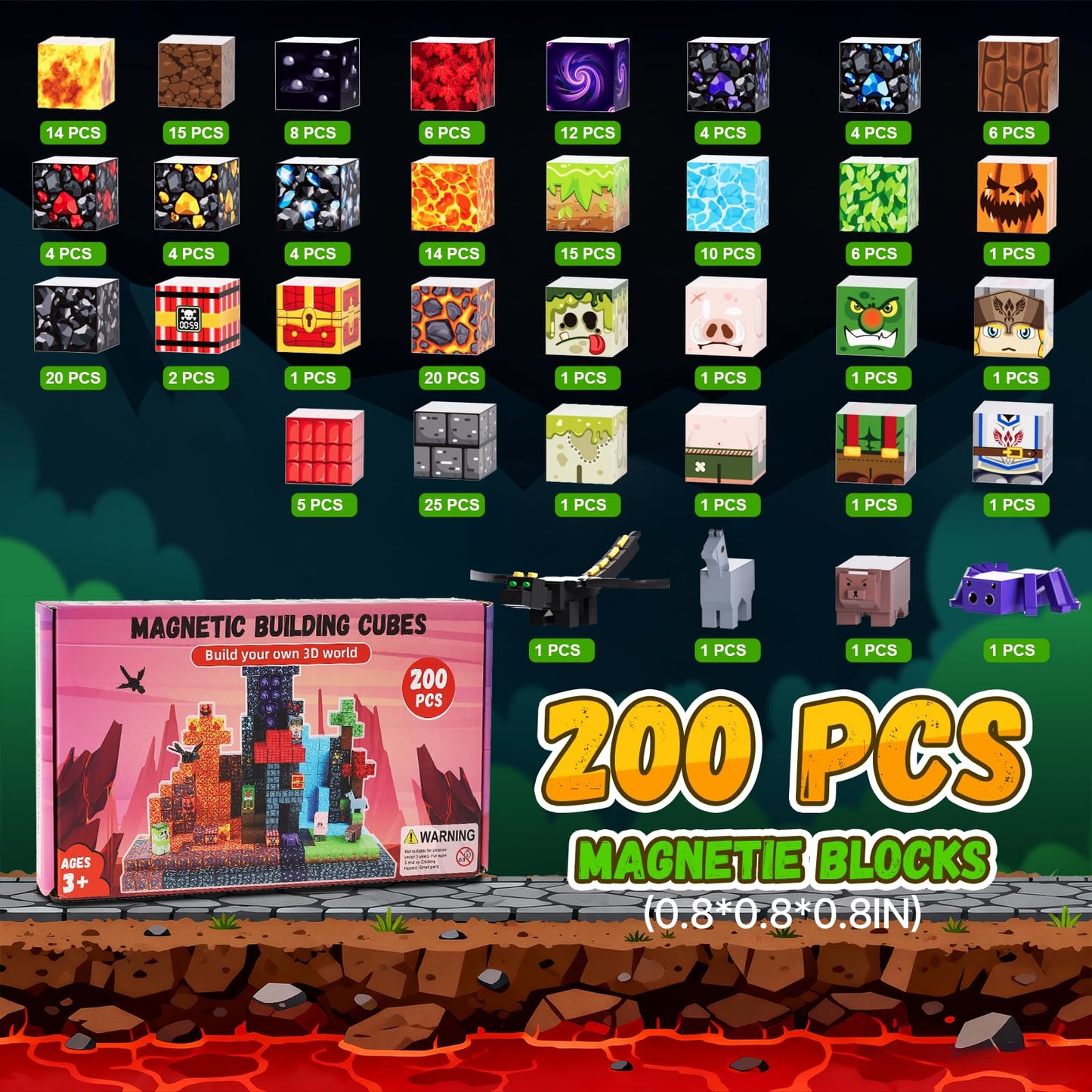 Fitrobust 200 Pack Magnetic Blocks for Kids, STEM Construction Toys with Forest Theme | Creative Educational Games for Ages 3, 4, 5, 6, 7, 8, 9, 10 | Ideal Birthday for Boys & Girls