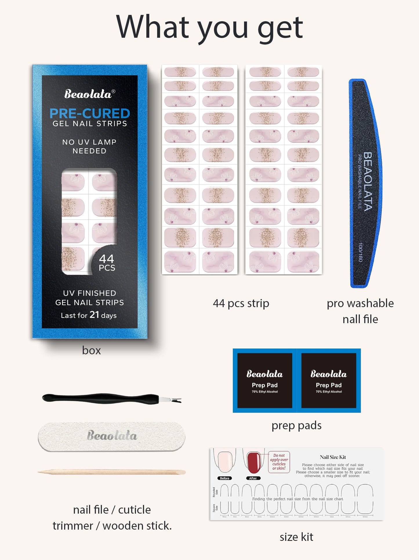 Beaolata Real Gel Nail Strips (No UV Light Needed) - 44Pcs Salon Quality Nail Stickers - Long Lasting Polish Wraps for Women, Easy Apply & Remove (Sugarplum Pink)
