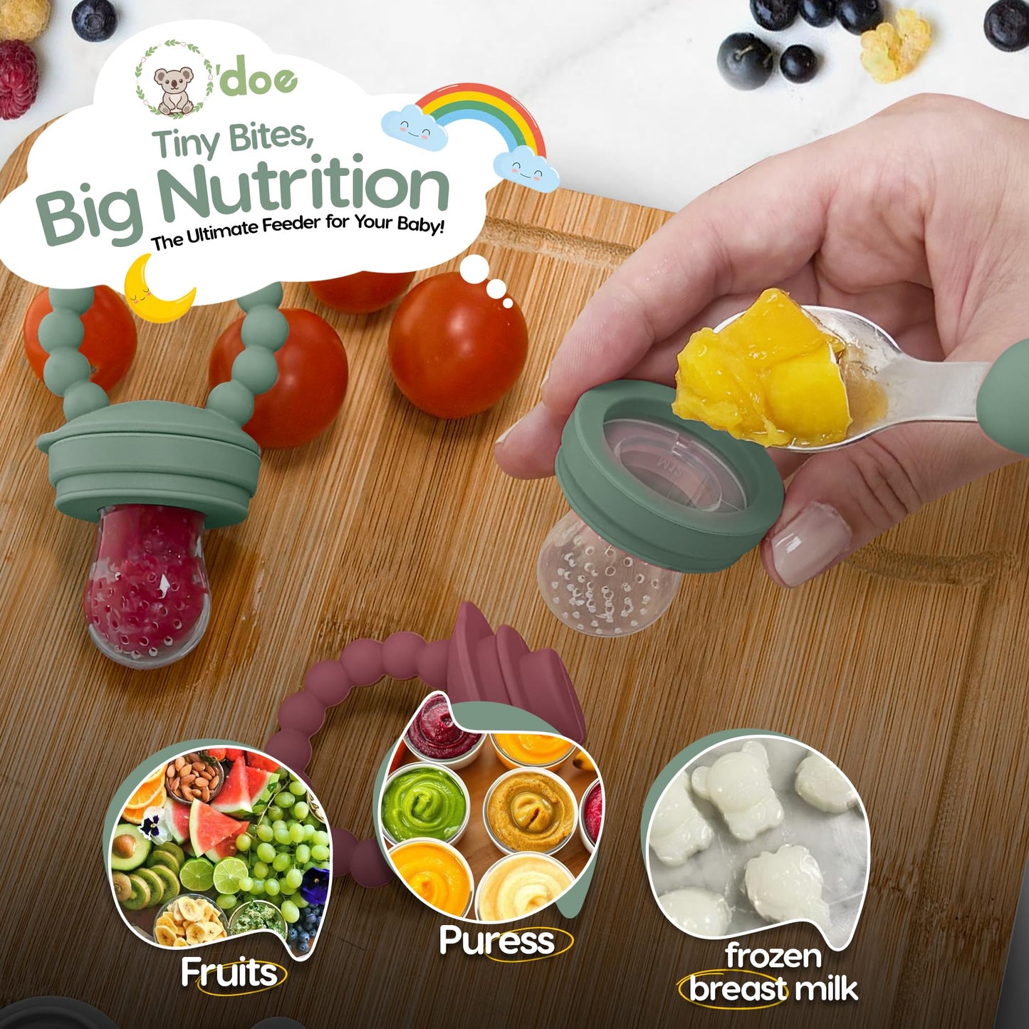 O'doe Baby Food Pacifier with 1 Feeder & 3 Nipples | BPA-Free, Food-Grade Silicone | Teething Toy & Weaning Nibbler for Infants