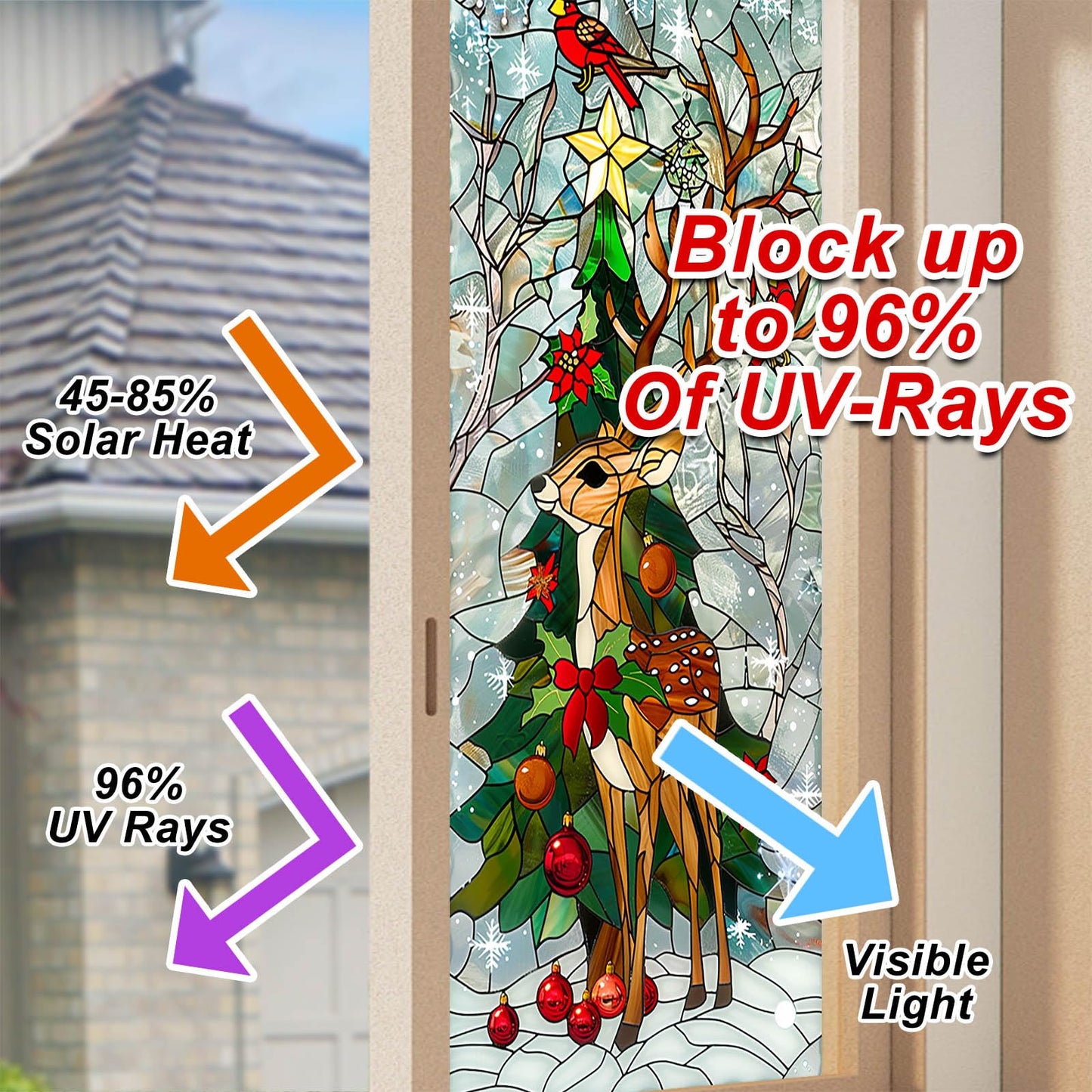 HOMETITUTE Reindeer Stained Glass Decorative Privacy Film Christmas Tree Window Cling Holiday Seasonal Window Sticker for Living Room Bedroom Kitchen 17.7 x 39.3 Inch