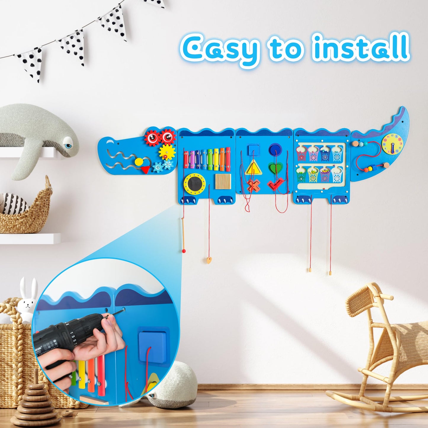 Spacocld Crocodile Sensory Toys Activity Wall Panels - Montessori Busy Board, Toddler Learning Panel, Wall-Mounted Playroom/Daycare Educational Toys, Interactive Wooden Gift for Kids 3-6, Blue