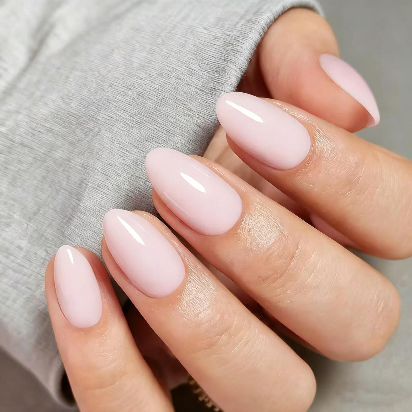 Milk Tea Pink Short Almond Press on Nails - Sheer Jelly Gel Nails Kit, Reusable 32Pcs with Glue & 16 Sizes for Women, Daily, Office Wear, Nude Nails