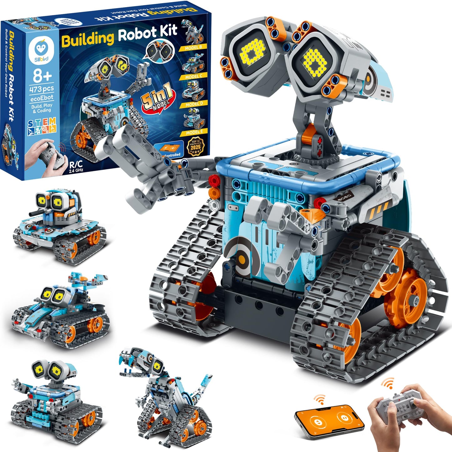 Sillbird Robot Building Kit with Remote Control STEM Gifts for Kids Age 8-12, Coding Robotics Technic Toy Set for Boys' Birthday, Buildable 5-in-1 Models with 473 Pieces