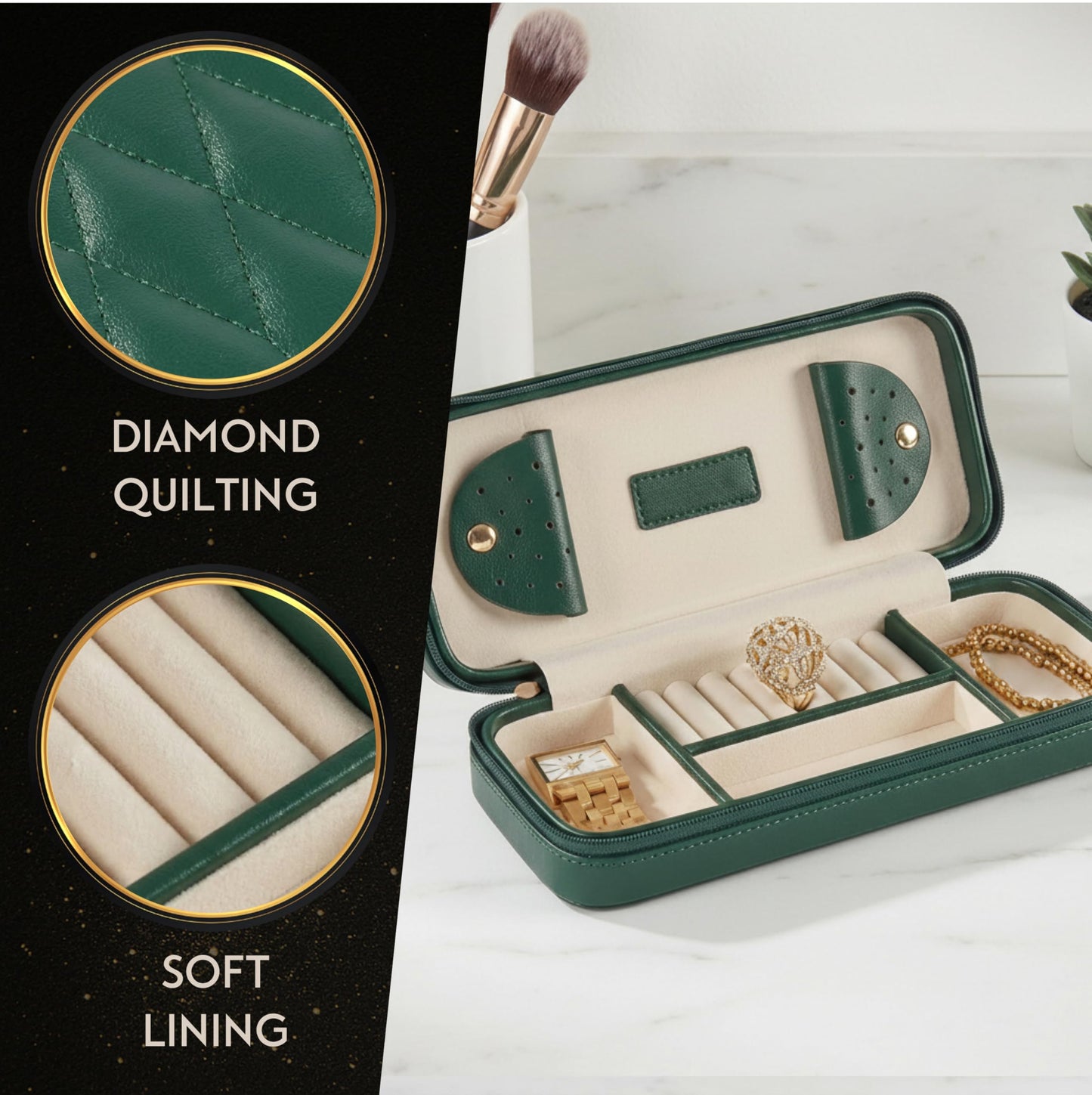 Bey-Berk Diamond-Quilted Leather Travel Jewelry Case, Green, 9" x 4" x 1.75"