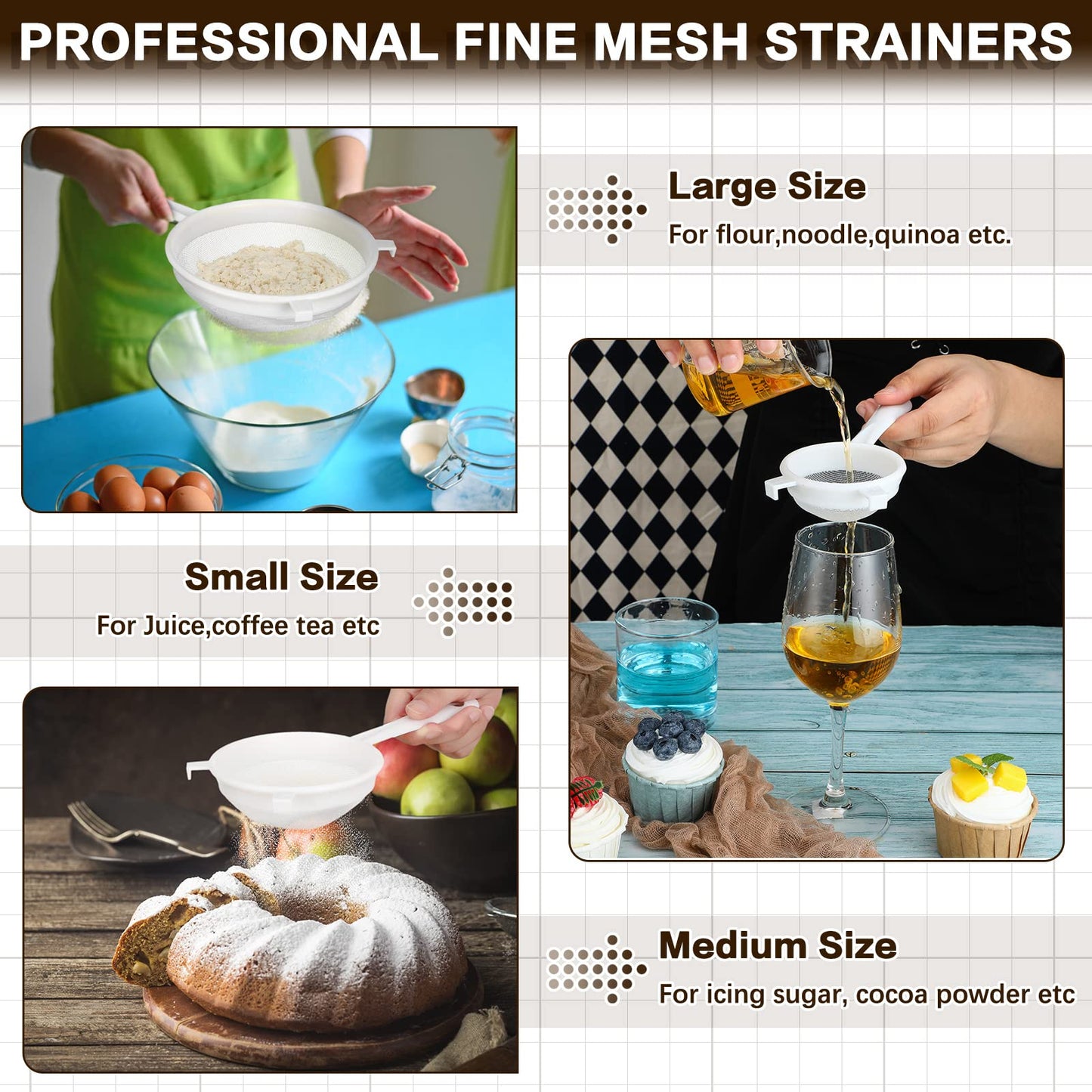 3 Pcs Plastic Nylon Mesh Strainer Colander with Handle Double Ear Fine Food Mesh Strainer Flour Sifter for Baking Kitchen Colander Sifter Kefir Tea Juice Pasta(3 Inch, 5 Inch, 7 Inch)