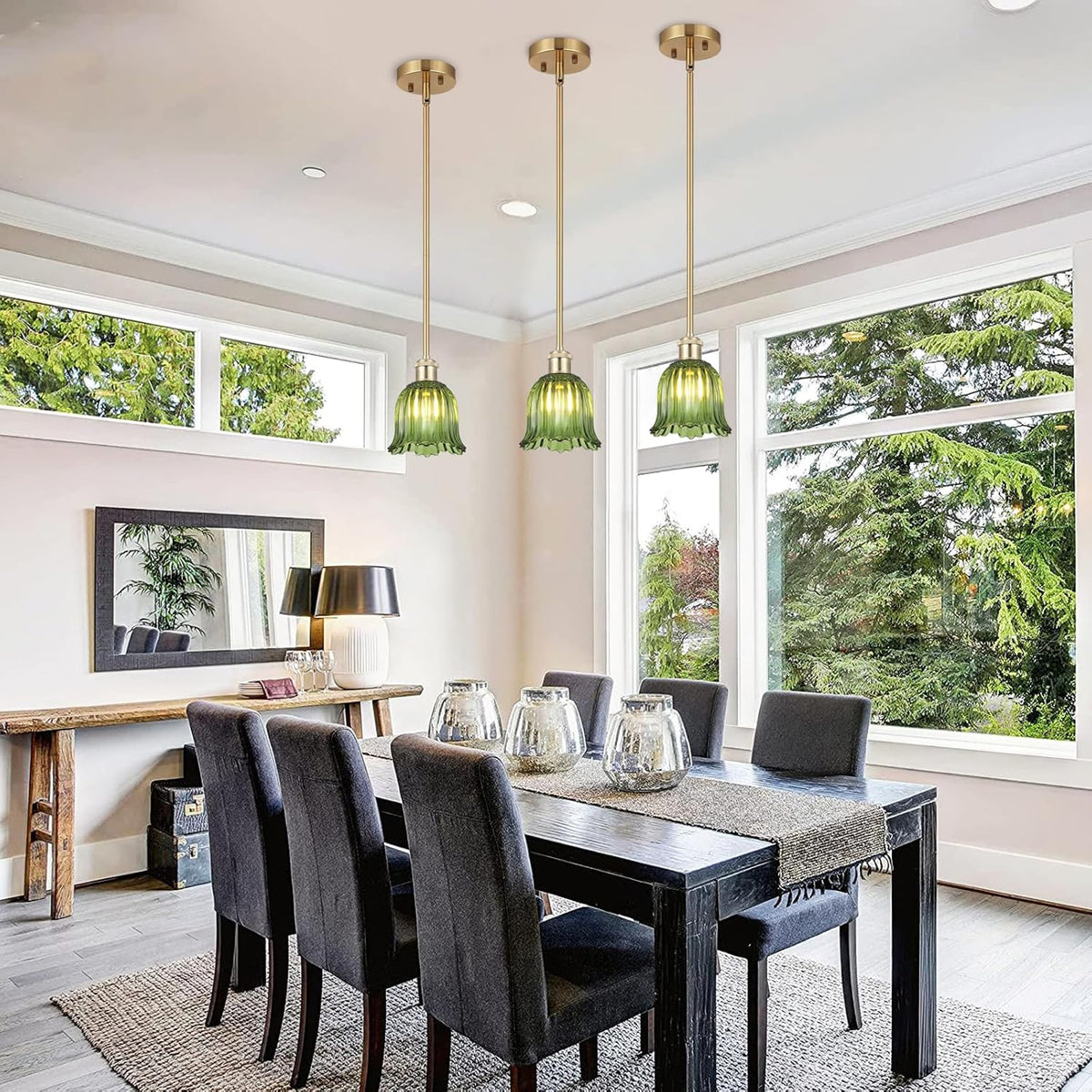 Modern Gold Pendant Light Brushed Brass Mid Century Chandelier Green Glass Shades Adjustable Rods Farmhouse Ceiling Hanging Lighting Fixture Kitchen Island Dining Room Bedroom