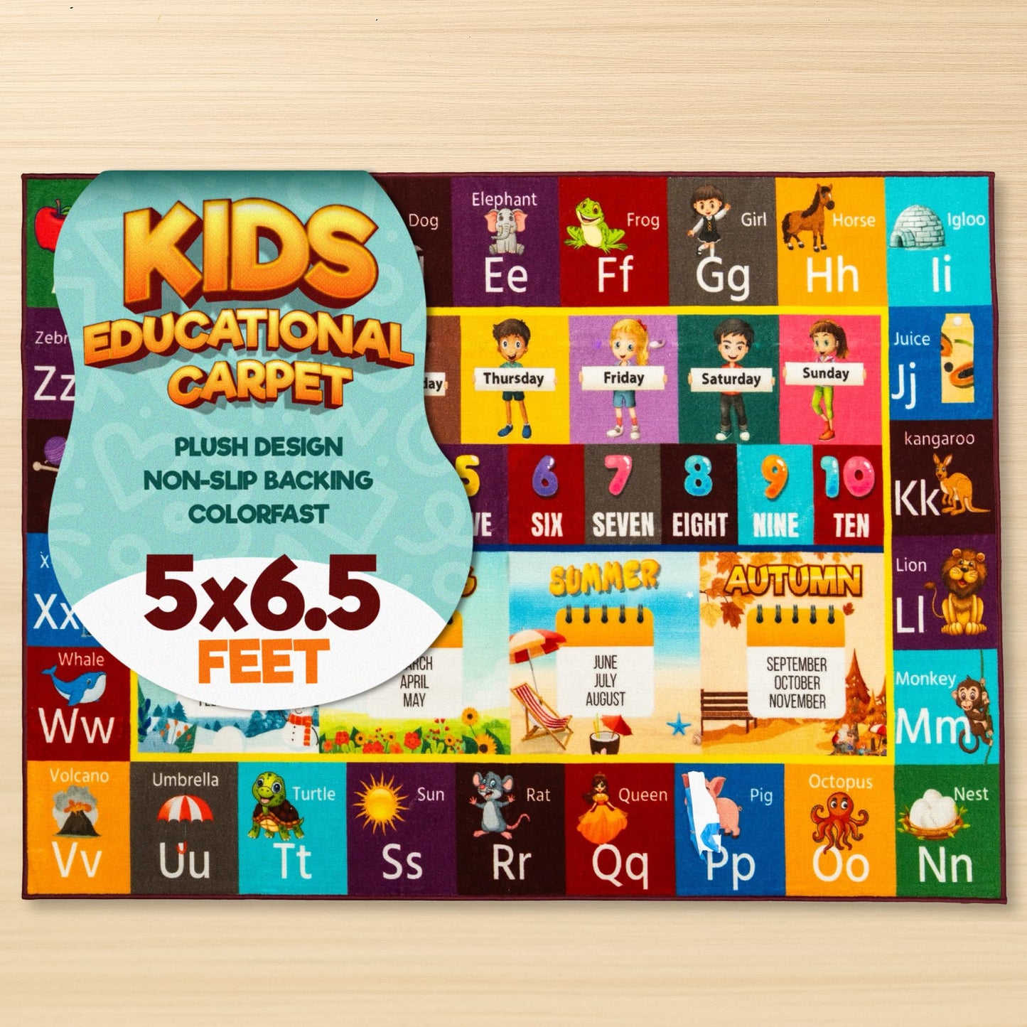 Educational Rug – Non-Slip ABC Carpet for Kids Room – 6.5' x 5' Soft Alphabet Kids Rug for Playroom, Daycare, Preschool, Classroom, Play Mat – Childrens ABC Mat with Letters, Numbers, Animals, Months