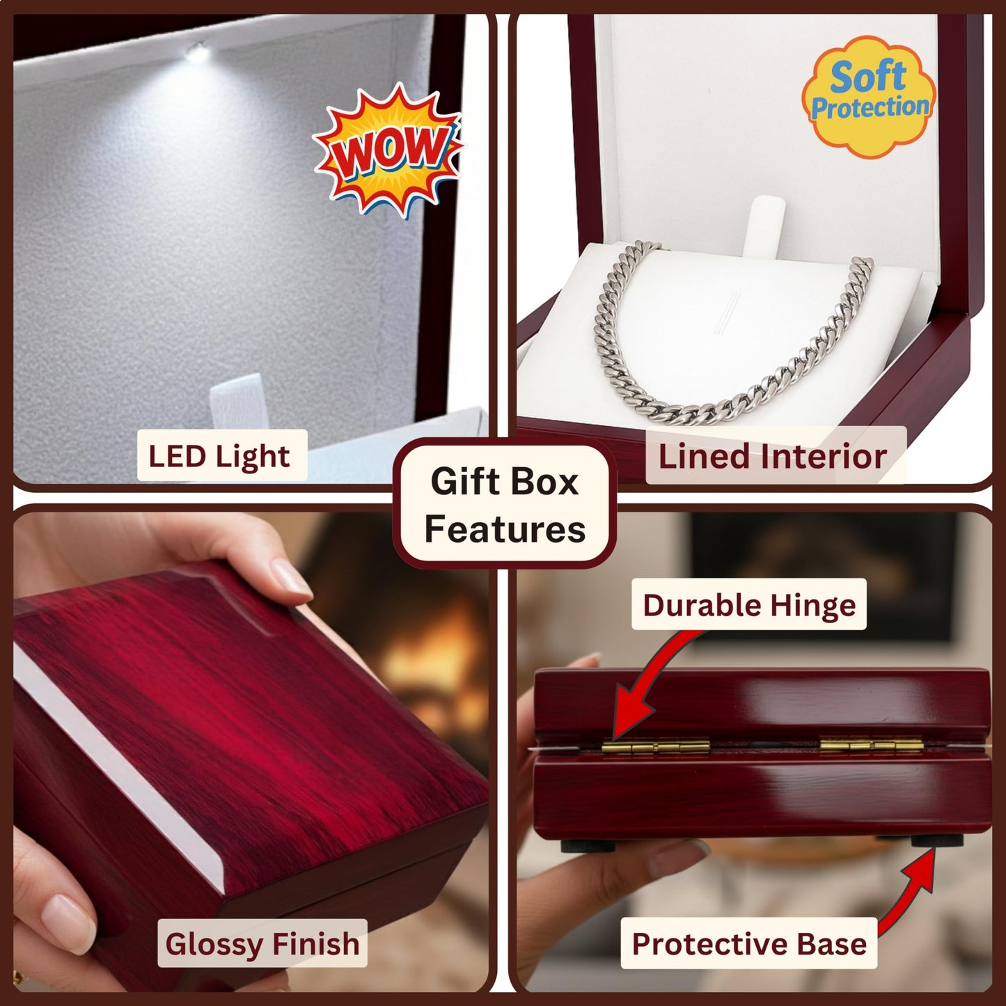 Necklace Box with LED Light – Small Jewelry Display Case for Bracelet, Earrings, or Chains – Luxury Lighted Wooden Presentation Box for Gifts, DIY Crafts (Mahogany White Interior, 5 X 5 Inch)