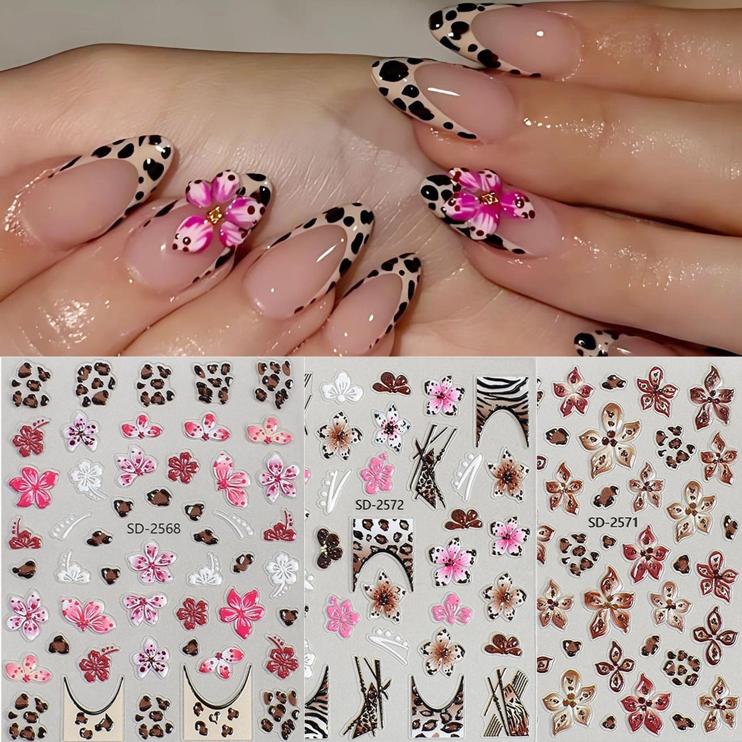 French Leopard Print Flower Nail Art Stickers 3 Sheets 5D Embossed Orchid Lily Cherry Blossom Floral Wild Leopard Print Press On Nails Decals Nail Charms Japanese Style Decorations Nail Stuff