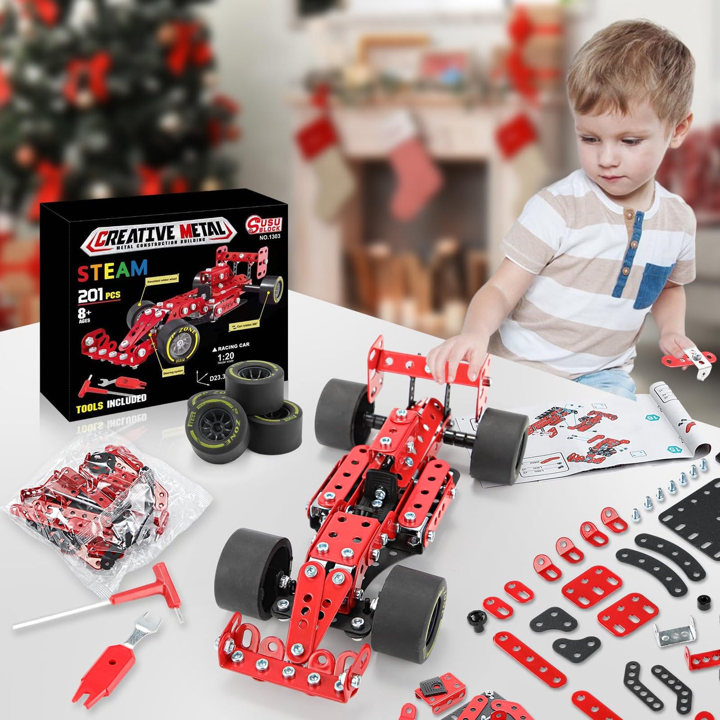 BESTYMXY Building Kit Car Model, 1:20 Scale Race Car Metal Model STEM Project Building, Assembly Toy Set STEM Projects Toys for Boys 8-12, Red Vehicle DIY Assembly Metal Model