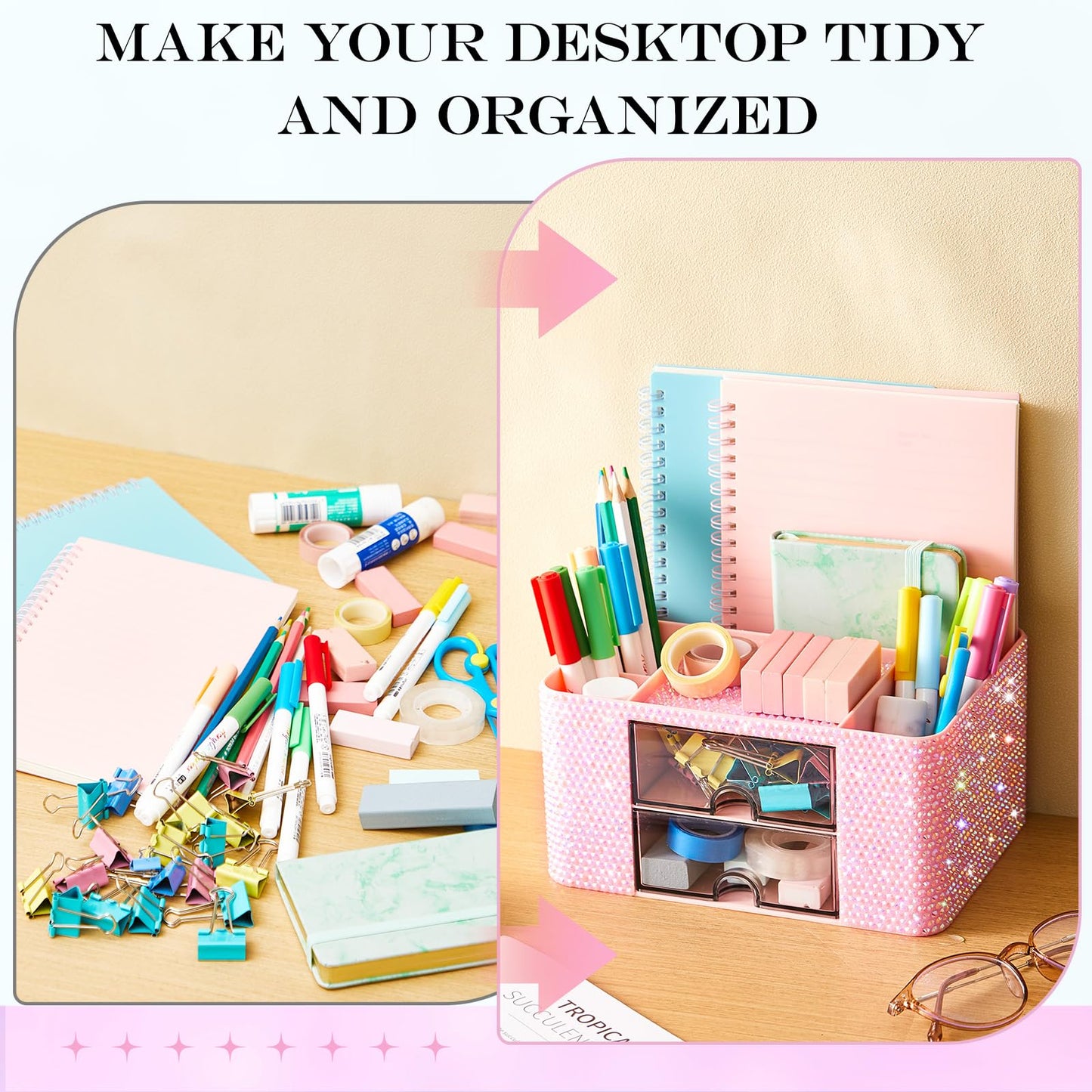 MotiMind Pink Bling Desk Organizer with 2 Drawer, Sparkly Makeup Organizer for Vanity, Girly Desk Accessories, Rhinestone Pen Holder, Elevate Your Workspace with Pink Serenity (Diamond)