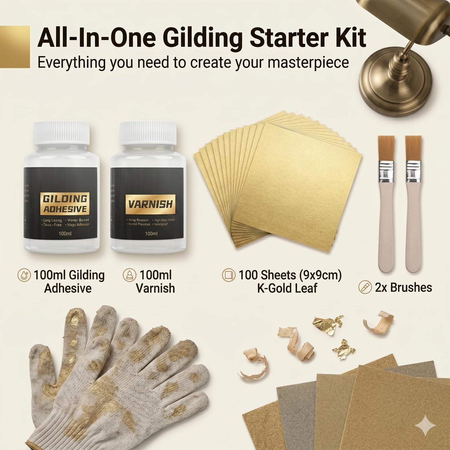 Snailmart Gold Leaf Kit, 100ml Water-Based Metal Leaf Glue and 100ml Protective Varnish, Gold Leaf Sheets 100 pcs, 2 Brushes, for Craft, Painting and Arts