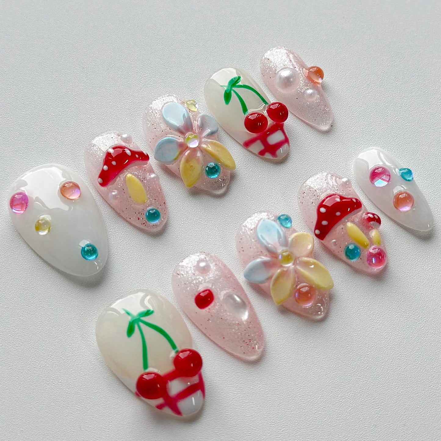 Luxury Press on Nails Short Almond Handmade 3D Unique Reusable ABS Material Fake Nails French Tip False Nails with Designs Mushroom Flower Glitter Glossy Glue on Nail Thick Acrylic Nail(M)